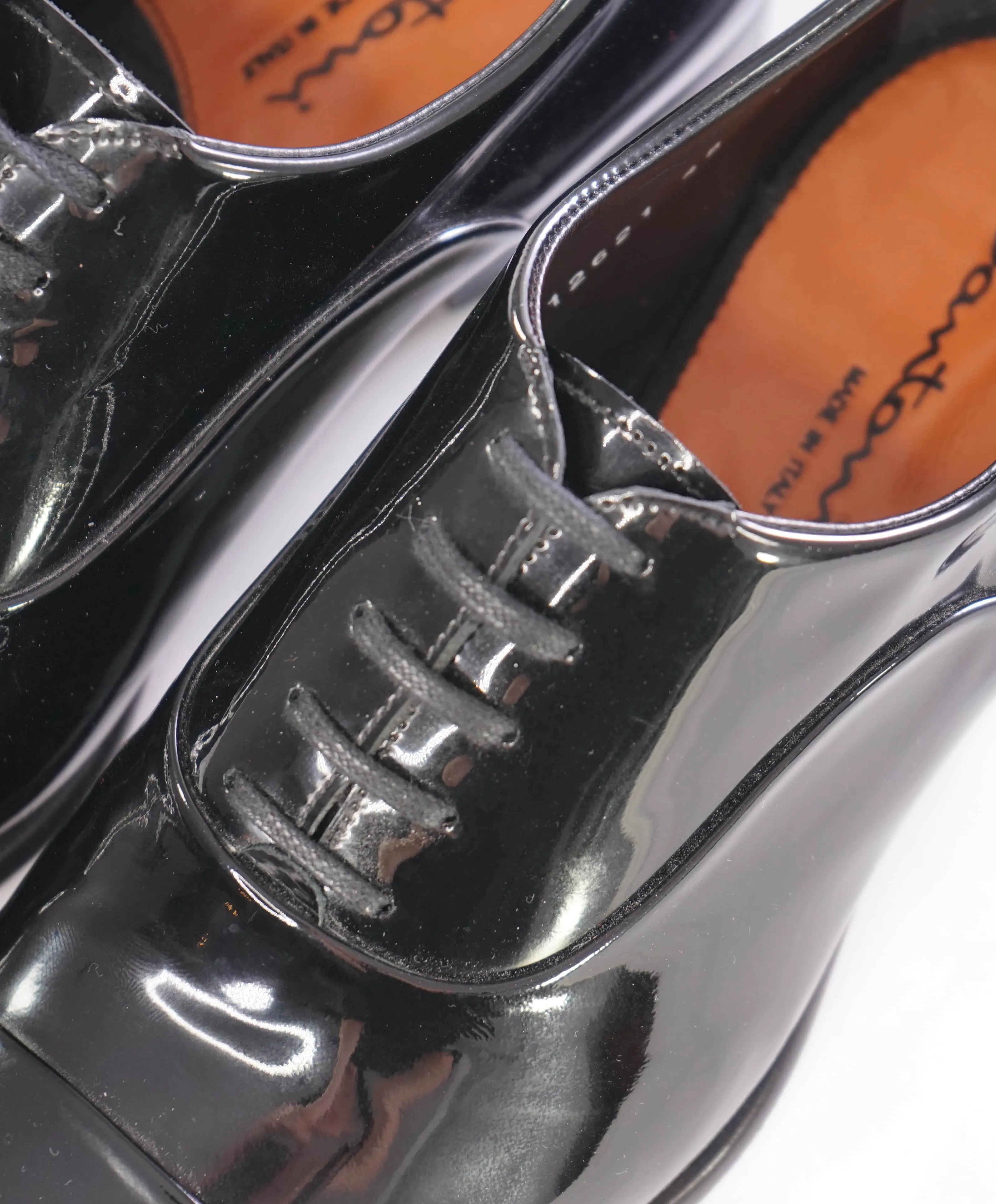 $1,595 SANTONI - "GOODYEAR WELT” Black Patent Leather Tuxedo Oxfords - 6 US (5IT)