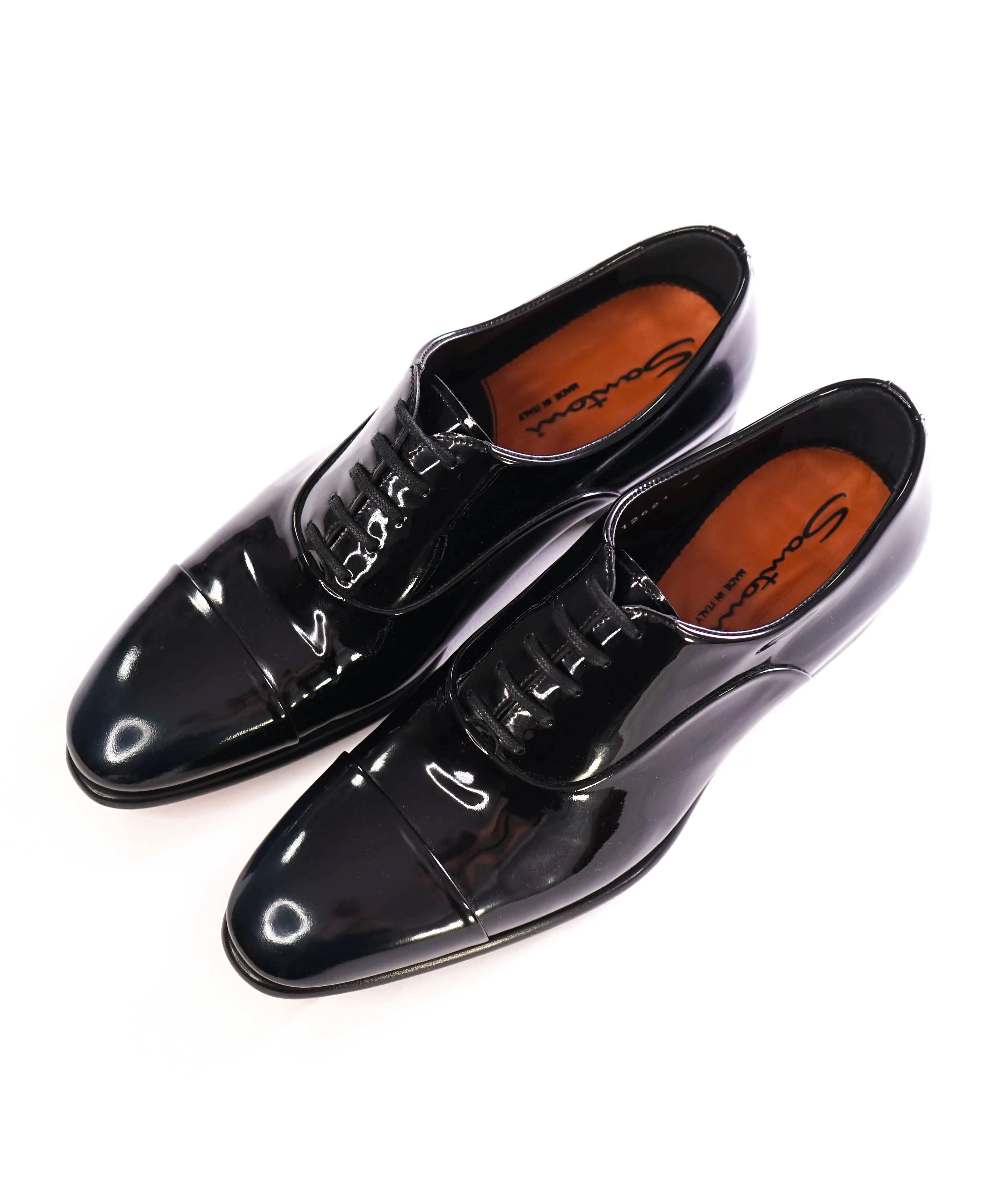 $1,595 SANTONI - "GOODYEAR WELT” Black Patent Leather Tuxedo Oxfords - 6 US (5IT)