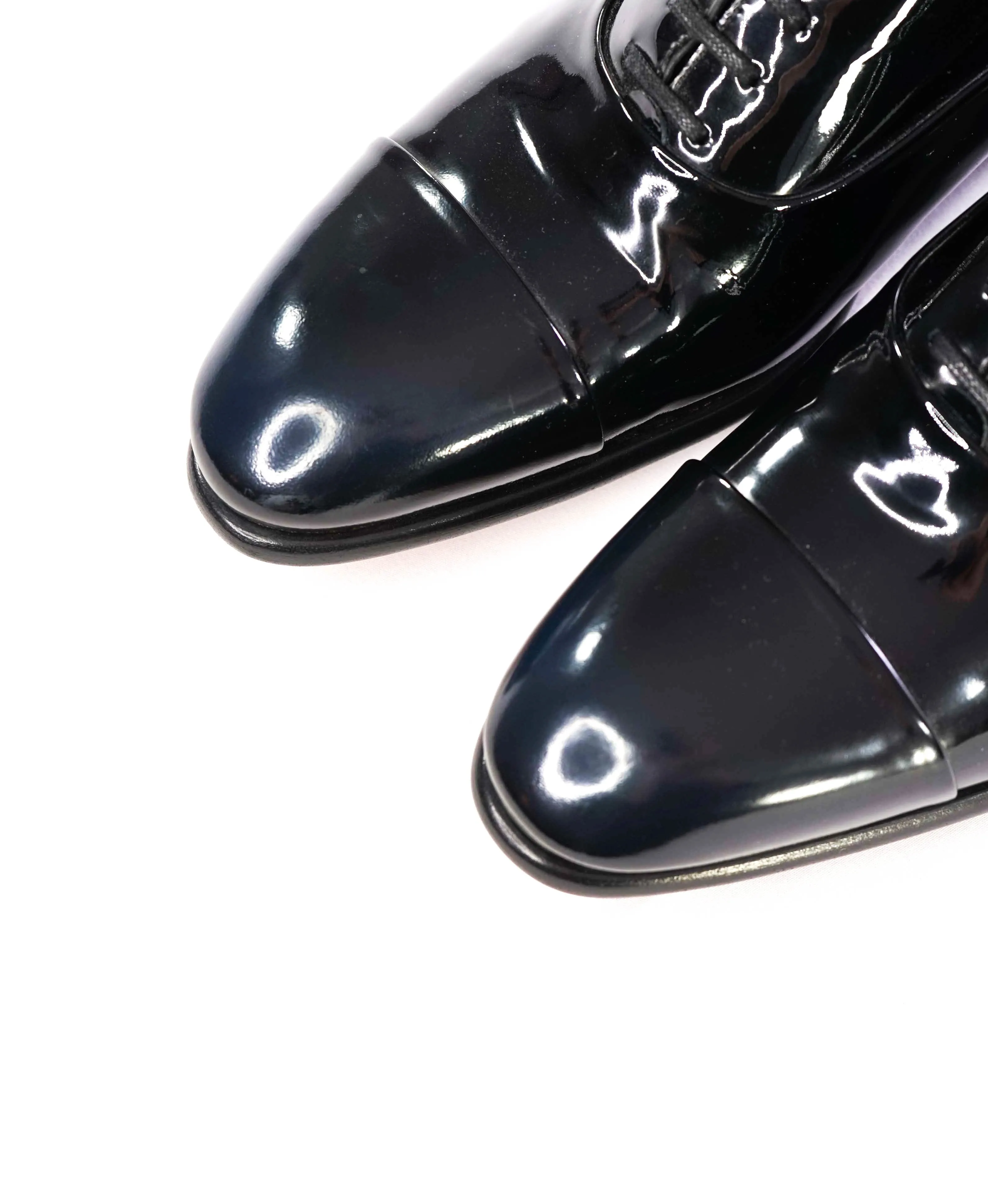 $1,595 SANTONI - "GOODYEAR WELT” Black Patent Leather Tuxedo Oxfords - 6 US (5IT)