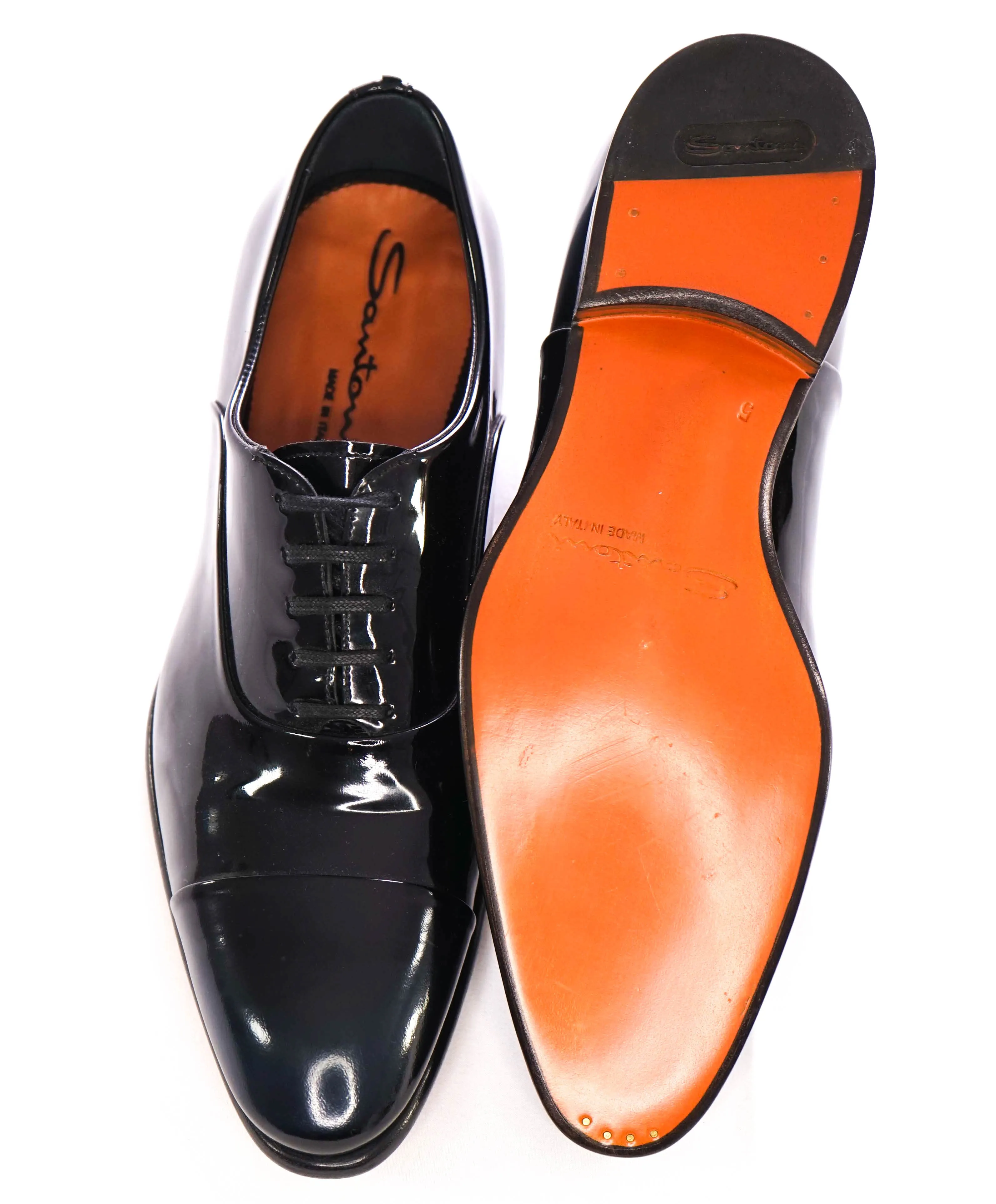 $1,595 SANTONI - "GOODYEAR WELT” Black Patent Leather Tuxedo Oxfords - 6 US (5IT)