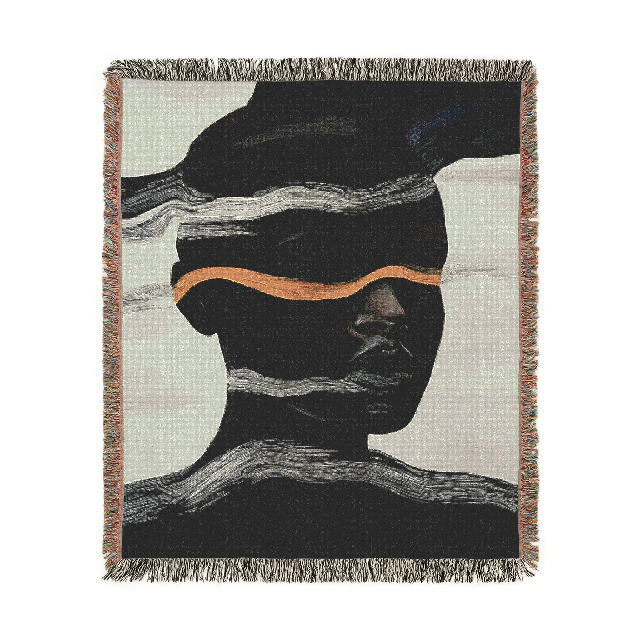Abstract Woven Blanket with Black and White Waves