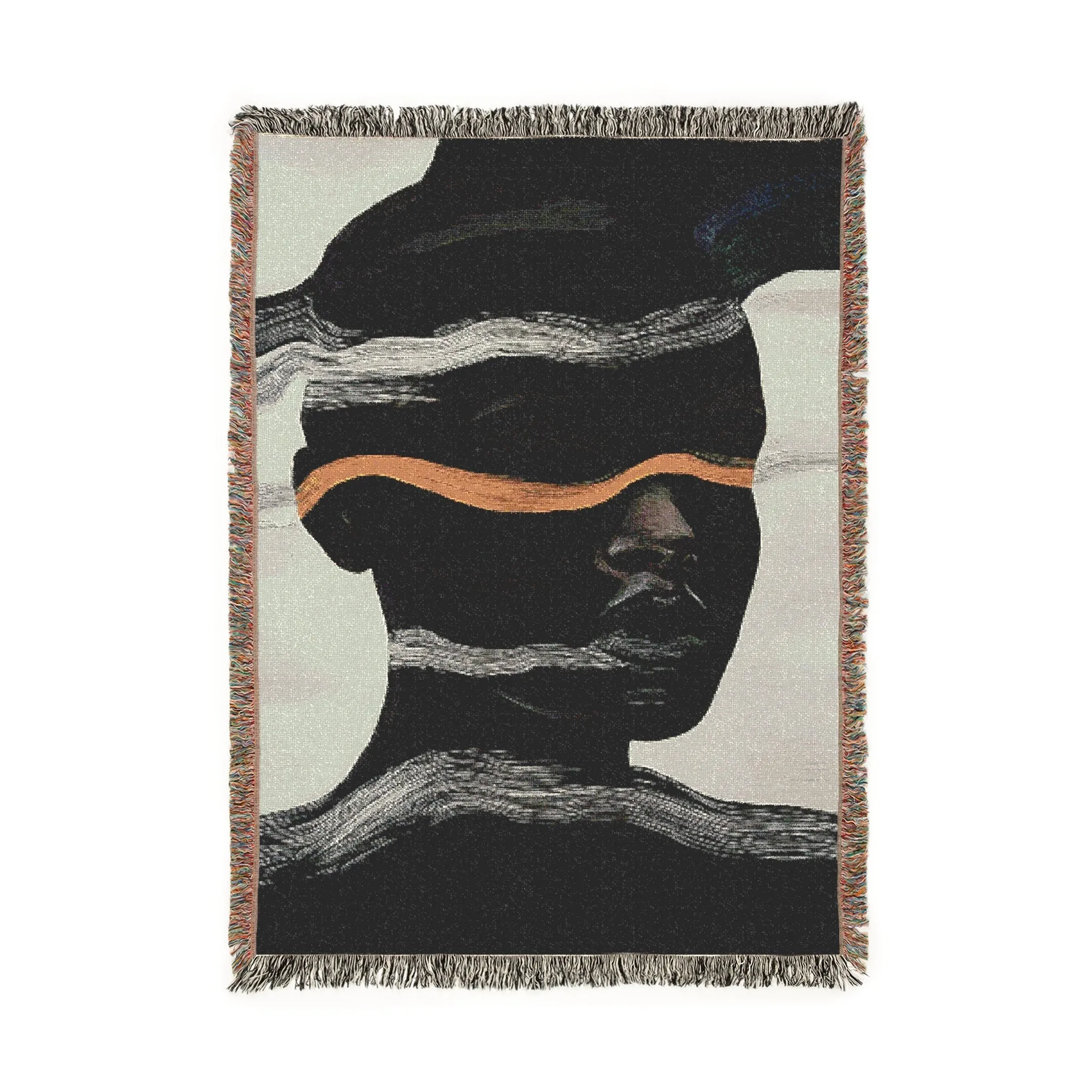 Abstract Woven Blanket with Black and White Waves