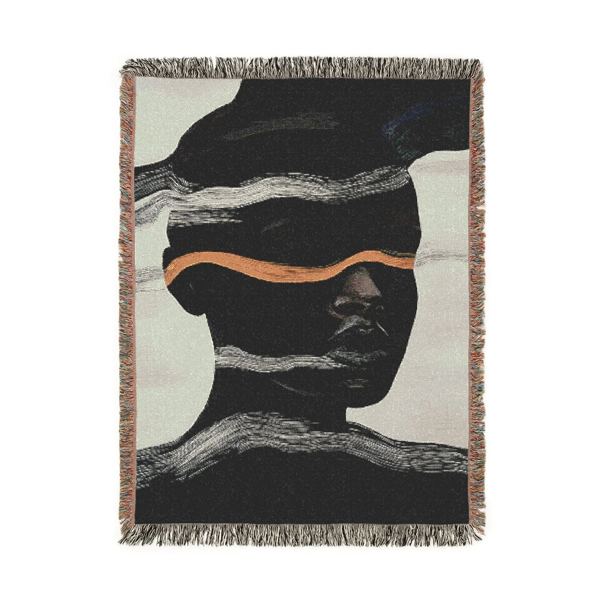 Abstract Woven Blanket with Black and White Waves