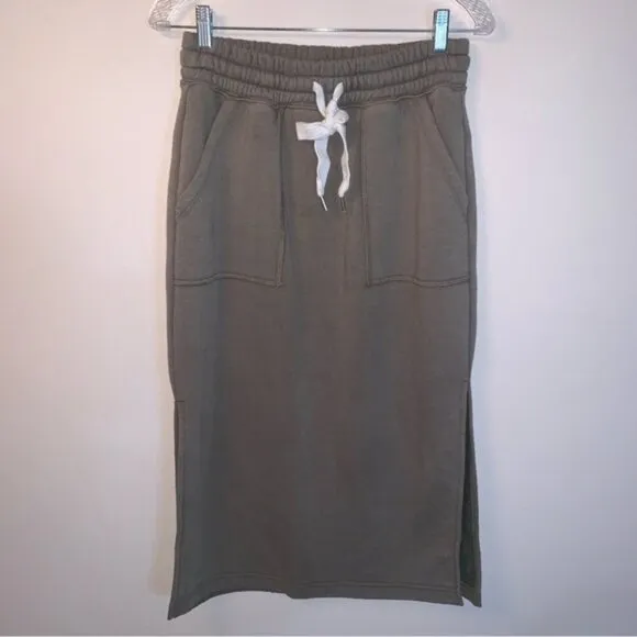 Aerie Army Green Sweat Midi Skirt with Slits S