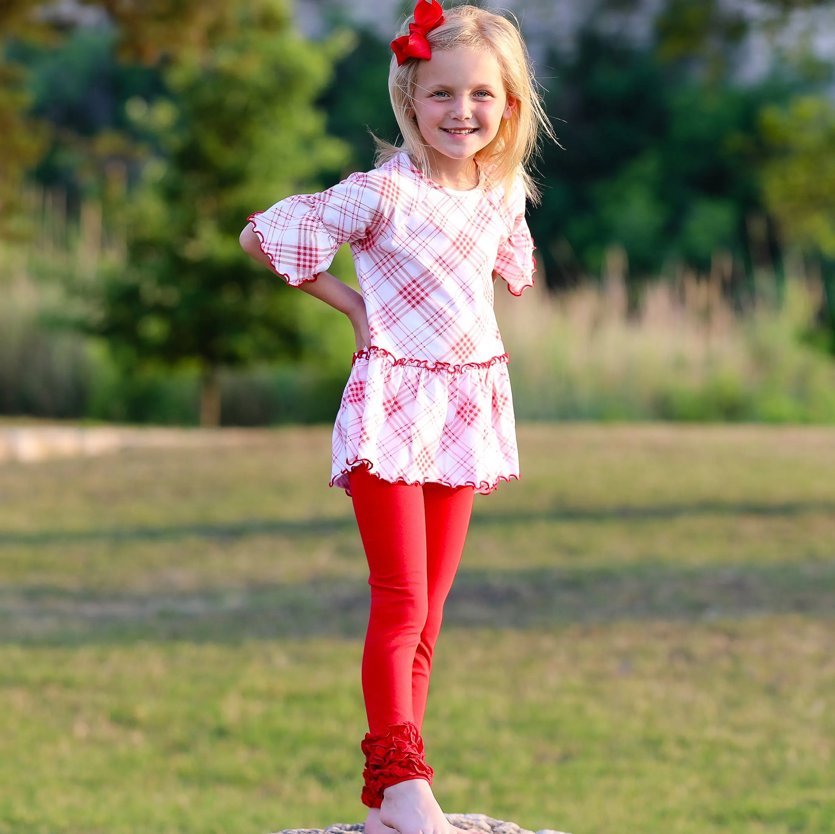 AnnLoren Little & Big Girls 3/4 Angel Sleeve Red Plaid Cotton Knit Ruffle Shirt