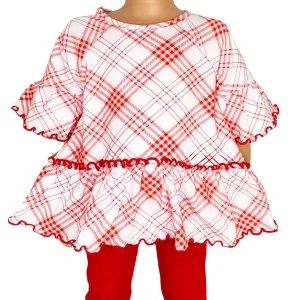 AnnLoren Little & Big Girls 3/4 Angel Sleeve Red Plaid Cotton Knit Ruffle Shirt