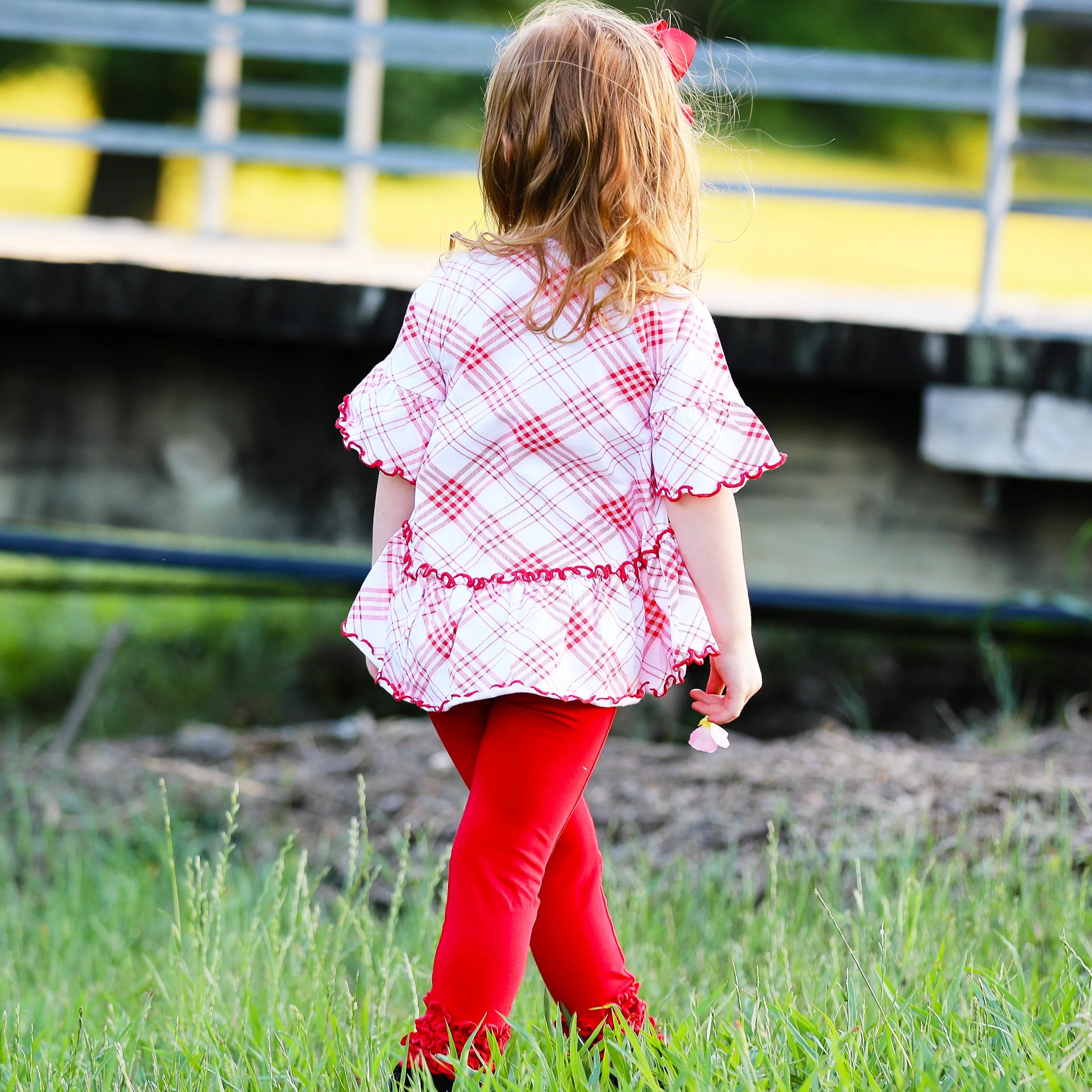 AnnLoren Little & Big Girls 3/4 Angel Sleeve Red Plaid Cotton Knit Ruffle Shirt