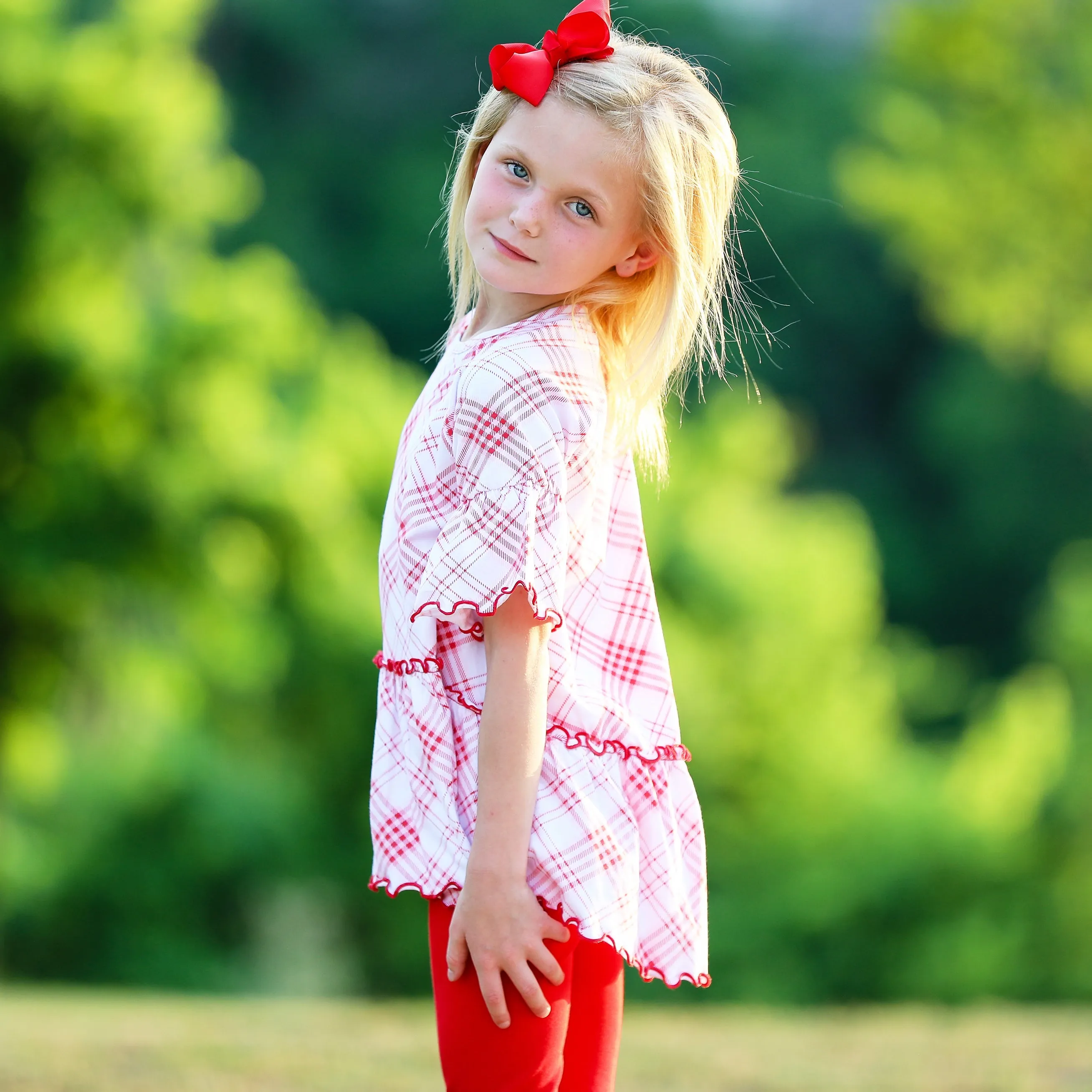 AnnLoren Little & Big Girls 3/4 Angel Sleeve Red Plaid Cotton Knit Ruffle Shirt
