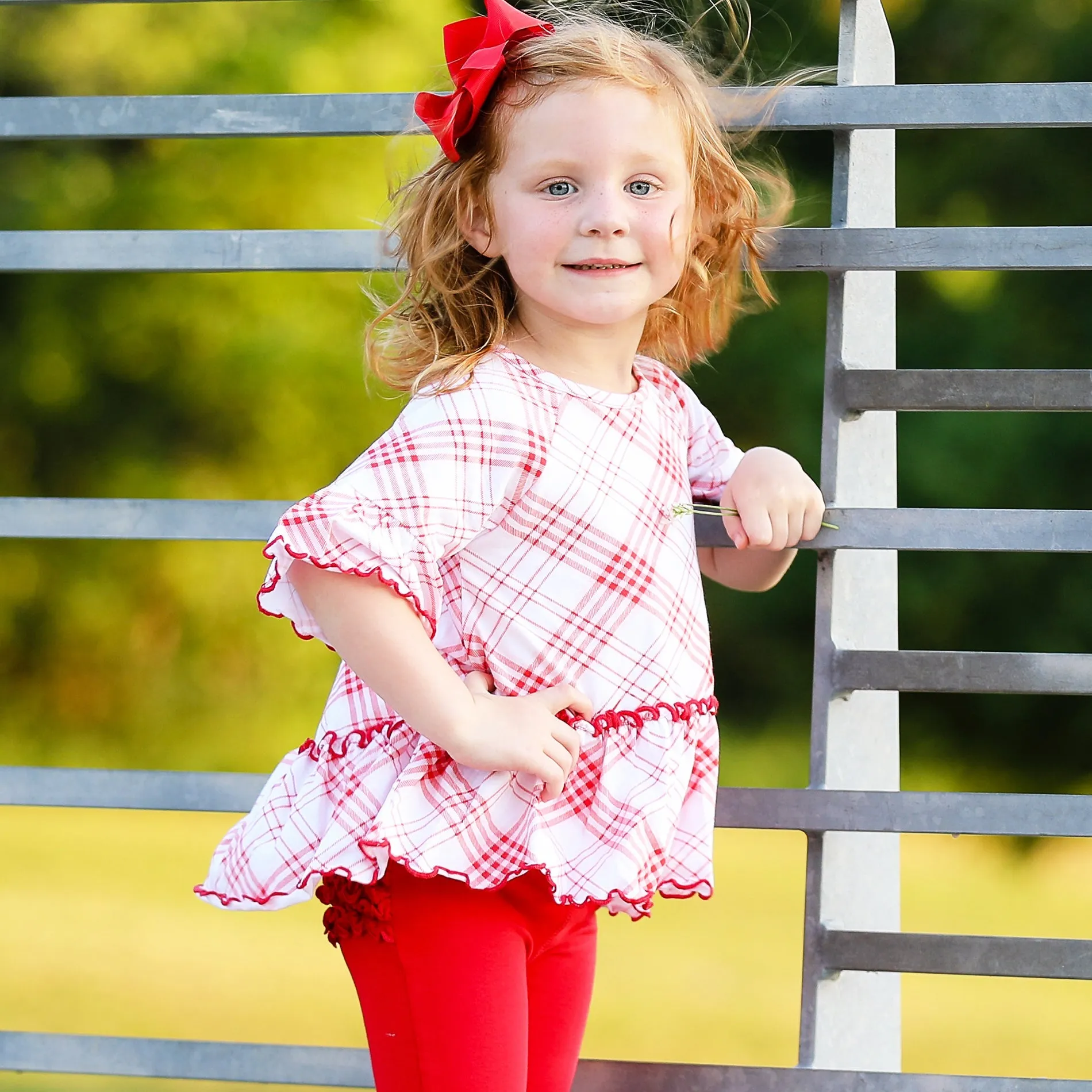 AnnLoren Little & Big Girls 3/4 Angel Sleeve Red Plaid Cotton Knit Ruffle Shirt