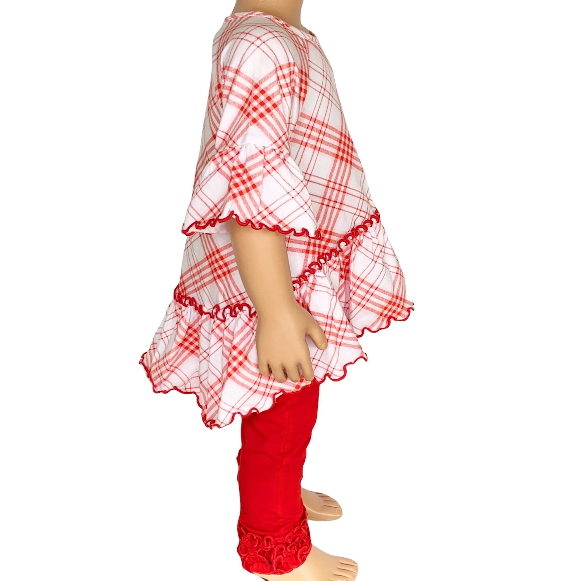 AnnLoren Little & Big Girls 3/4 Angel Sleeve Red Plaid Cotton Knit Ruffle Shirt