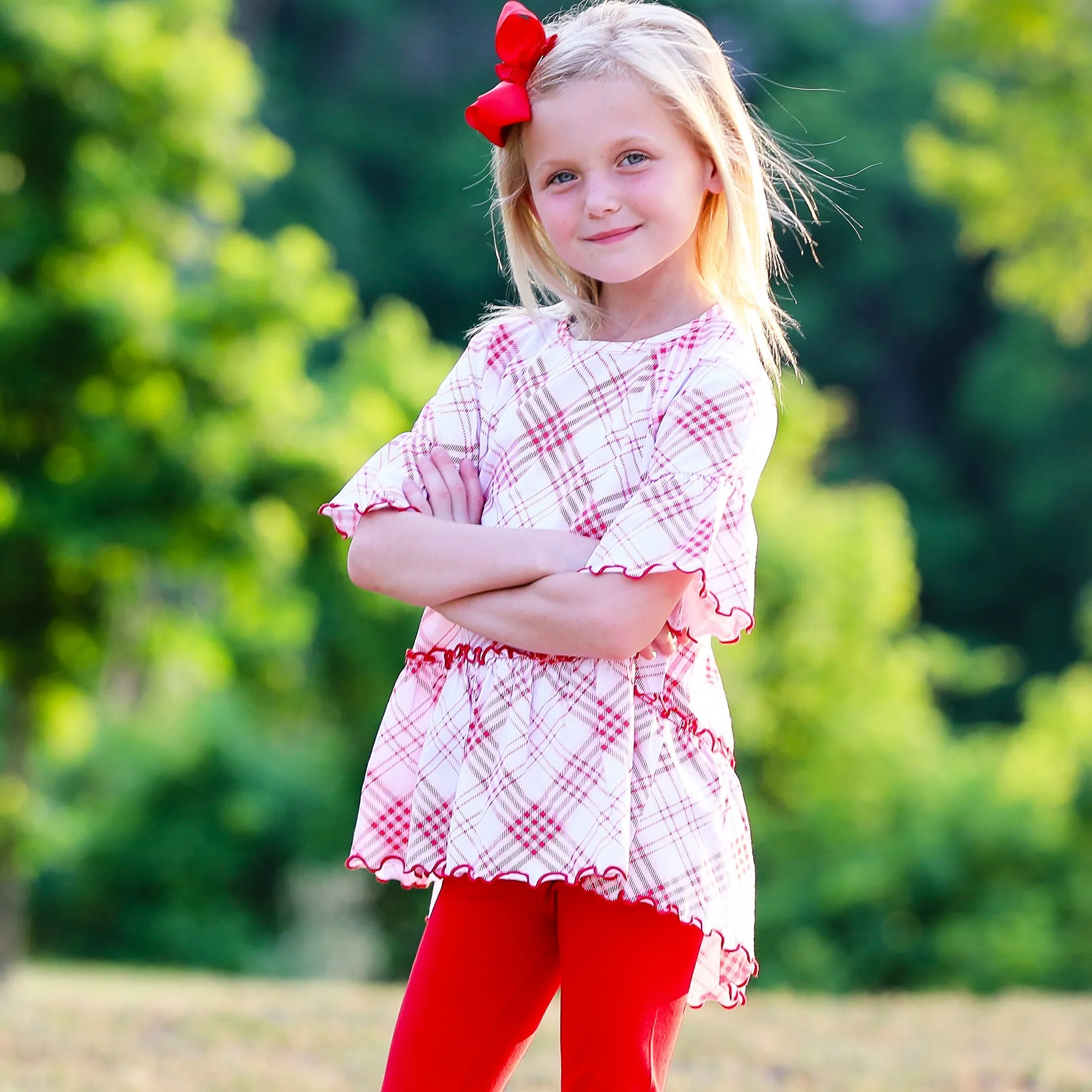 AnnLoren Little & Big Girls 3/4 Angel Sleeve Red Plaid Cotton Knit Ruffle Shirt