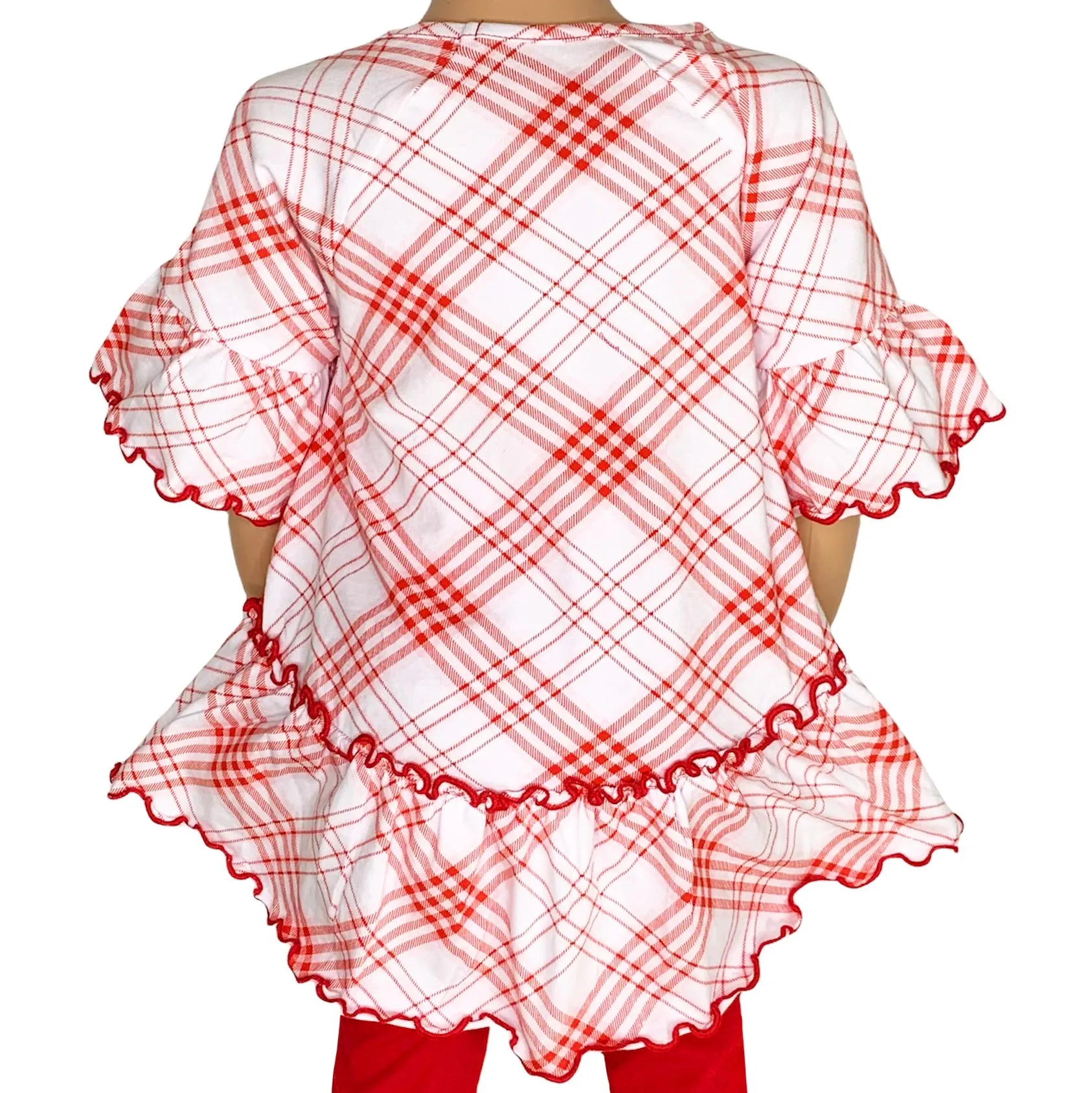 AnnLoren Little & Big Girls 3/4 Angel Sleeve Red Plaid Cotton Knit Ruffle Shirt
