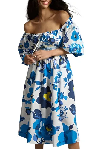 Anthropologie Plenty by Tracy Reese Off-Shoulder Smocked Puff-Sleeve Dress Blue White XS