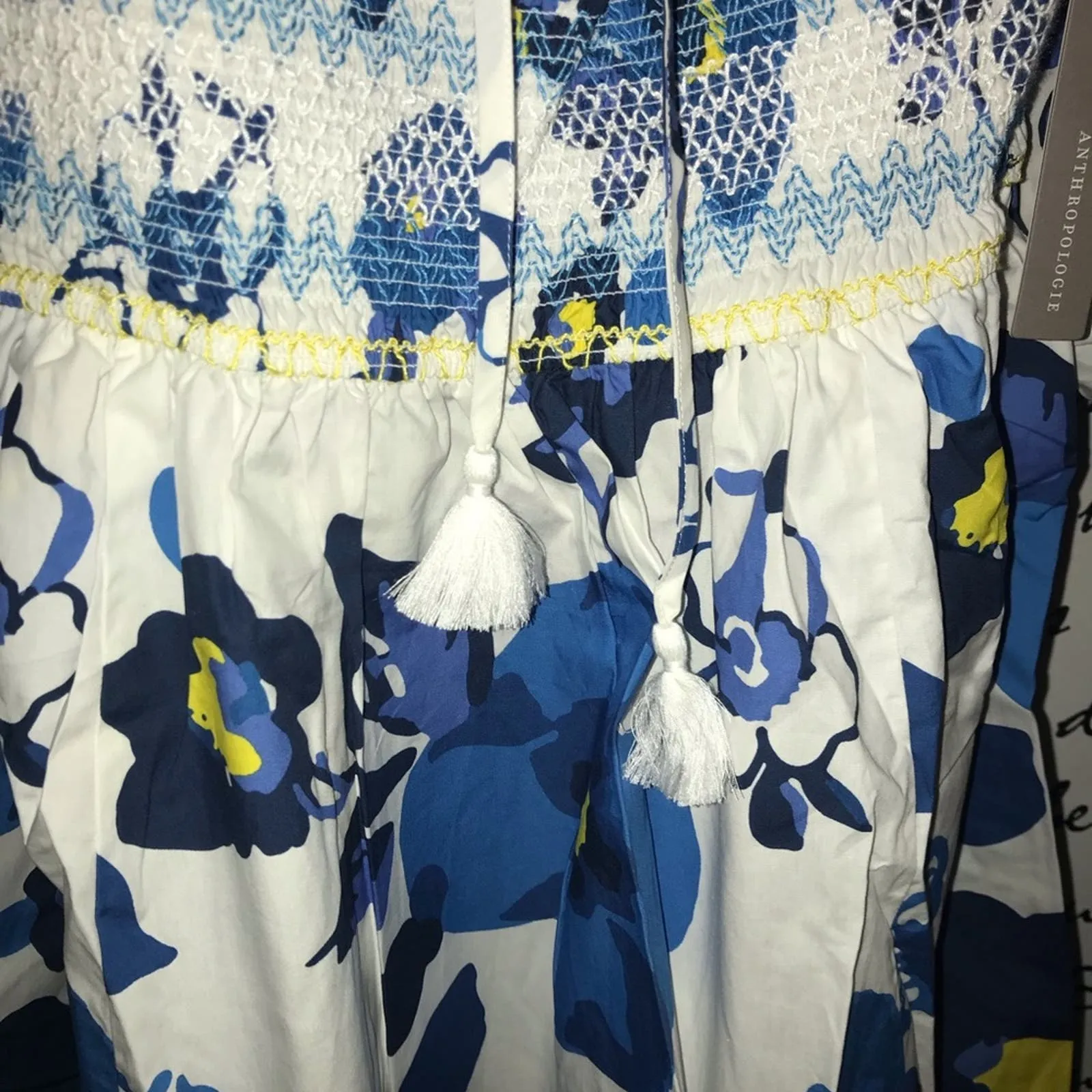 Anthropologie Plenty by Tracy Reese Off-Shoulder Smocked Puff-Sleeve Dress Blue White XS