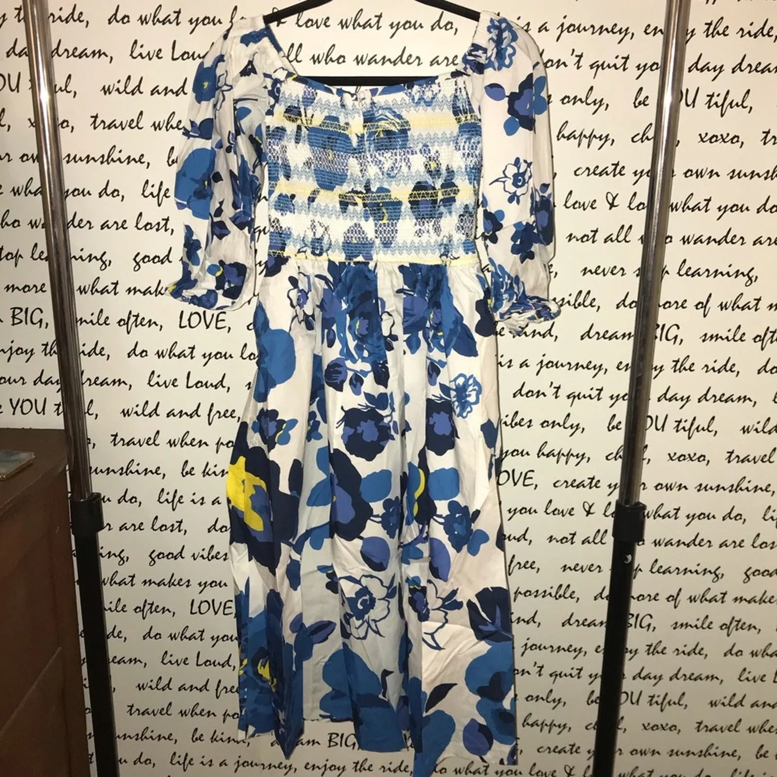 Anthropologie Plenty by Tracy Reese Off-Shoulder Smocked Puff-Sleeve Dress Blue White XS