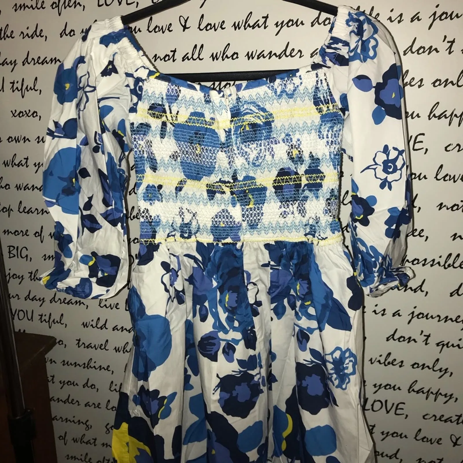 Anthropologie Plenty by Tracy Reese Off-Shoulder Smocked Puff-Sleeve Dress Blue White XS