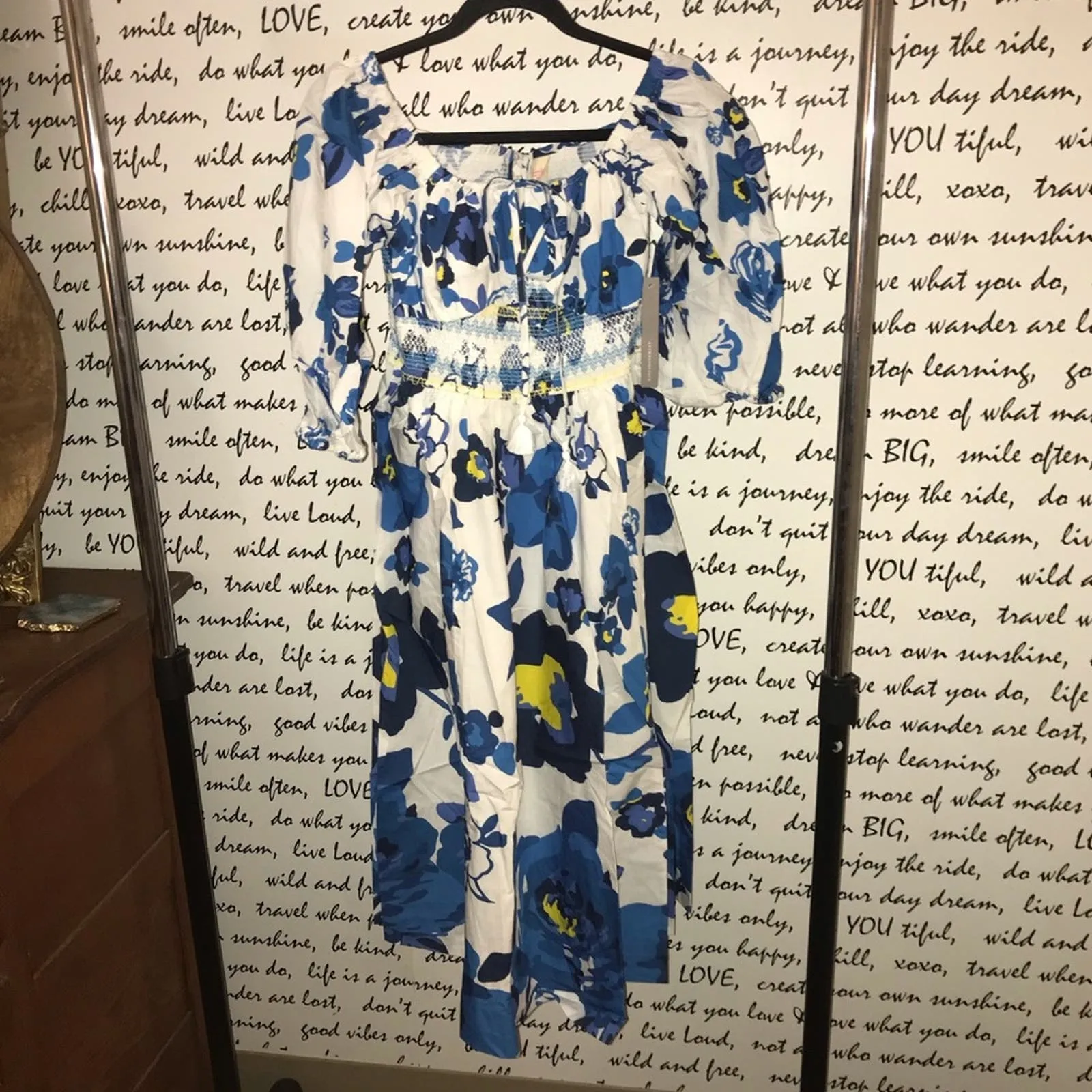 Anthropologie Plenty by Tracy Reese Off-Shoulder Smocked Puff-Sleeve Dress Blue White XS