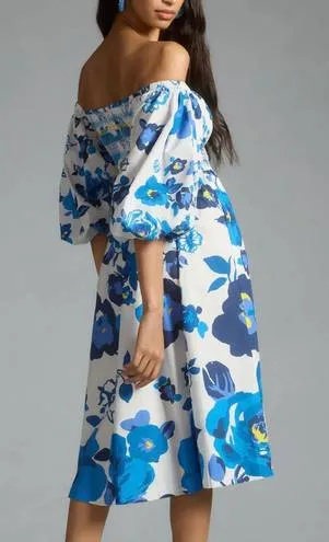 Anthropologie Plenty by Tracy Reese Off-Shoulder Smocked Puff-Sleeve Dress Blue White XS