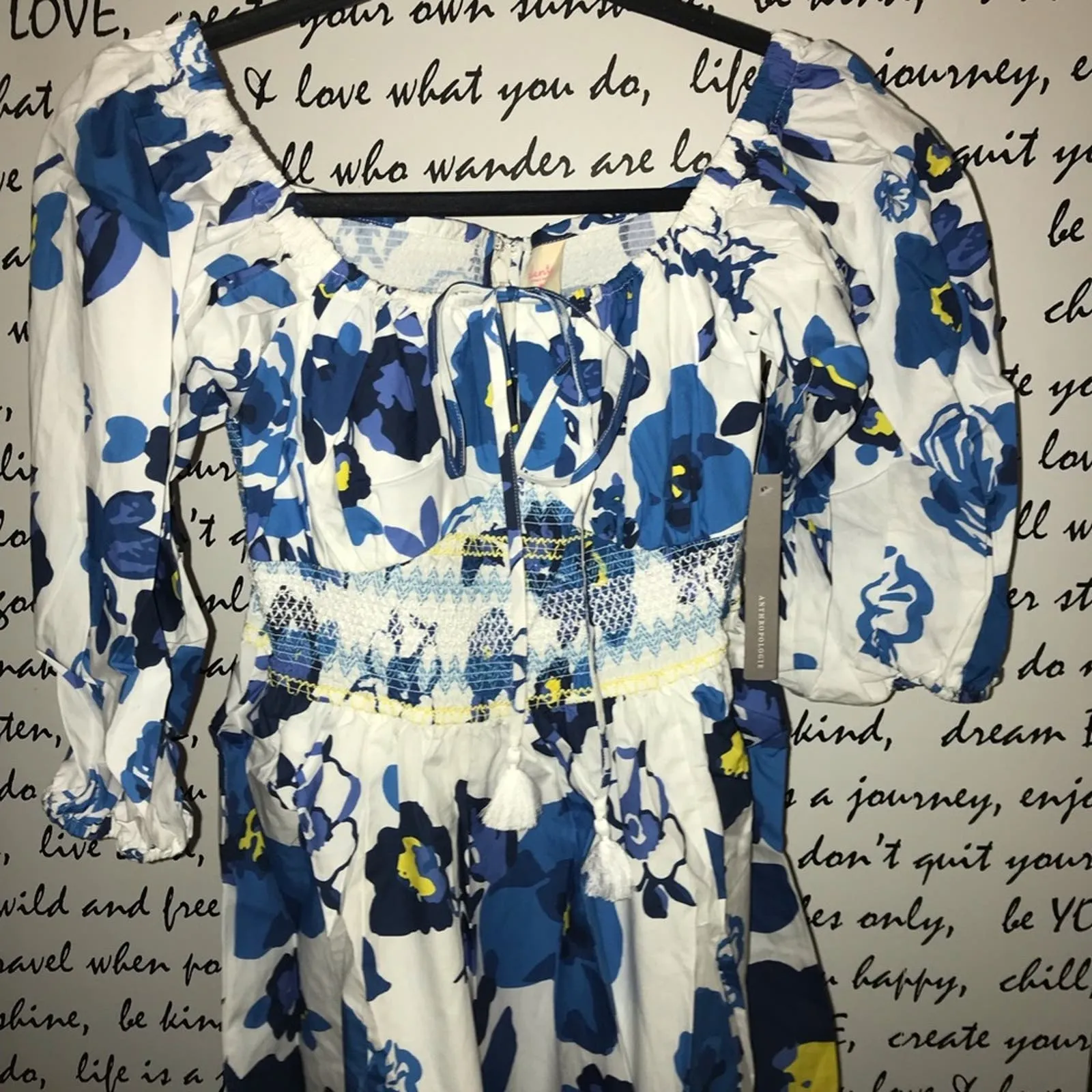 Anthropologie Plenty by Tracy Reese Off-Shoulder Smocked Puff-Sleeve Dress Blue White XS