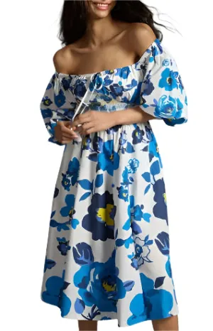 Anthropologie Plenty by Tracy Reese Off-Shoulder Smocked Puff-Sleeve Dress Blue White XS