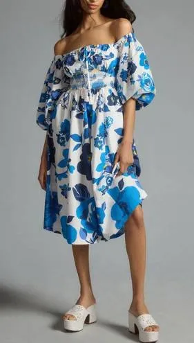 Anthropologie Plenty by Tracy Reese Off-Shoulder Smocked Puff-Sleeve Dress Blue White XS