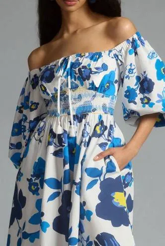 Anthropologie Plenty by Tracy Reese Off-Shoulder Smocked Puff-Sleeve Dress Blue White XS