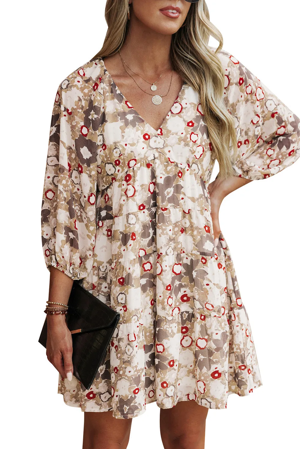 Apricot 3/4 Sleeves V Neck Print Tiered Flowy Short Dress