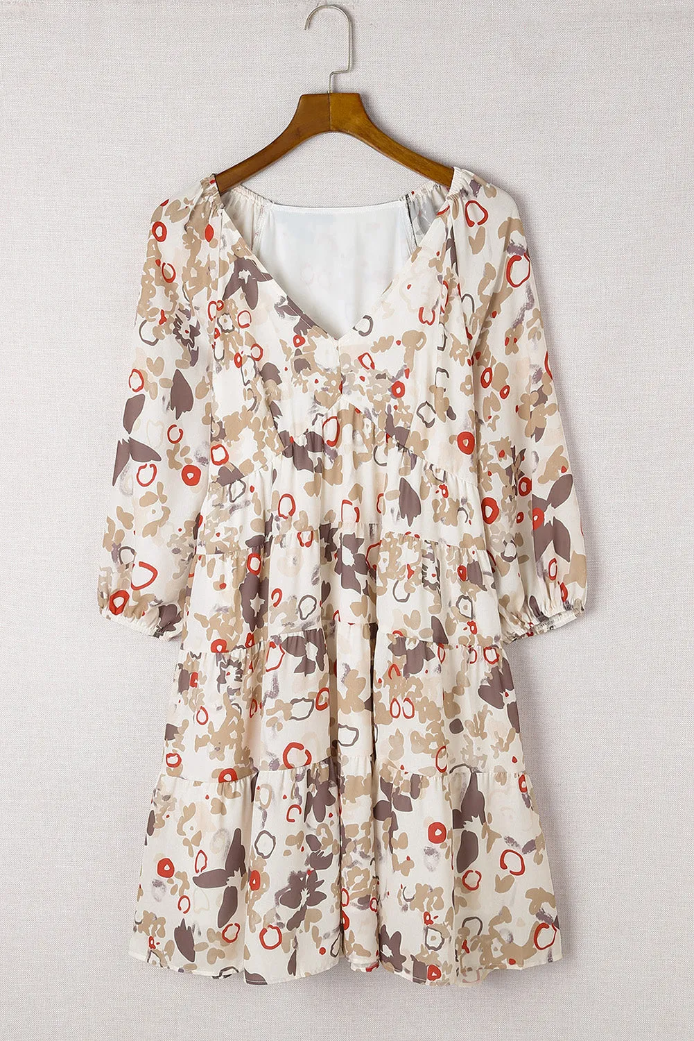 Apricot 3/4 Sleeves V Neck Print Tiered Flowy Short Dress