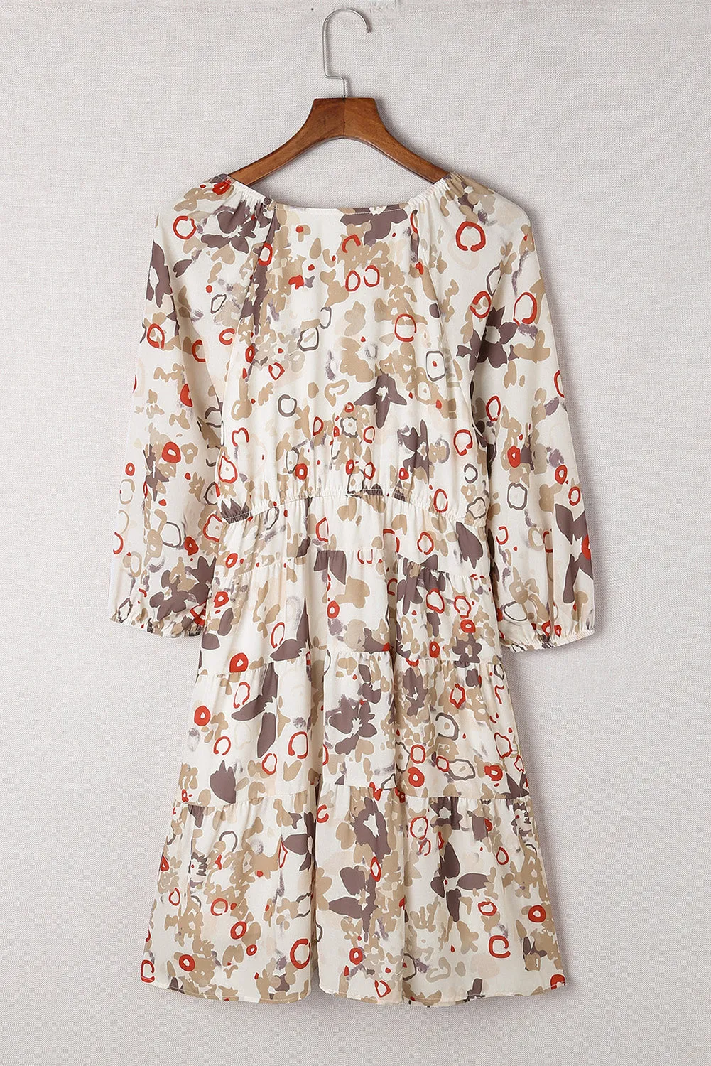 Apricot 3/4 Sleeves V Neck Print Tiered Flowy Short Dress