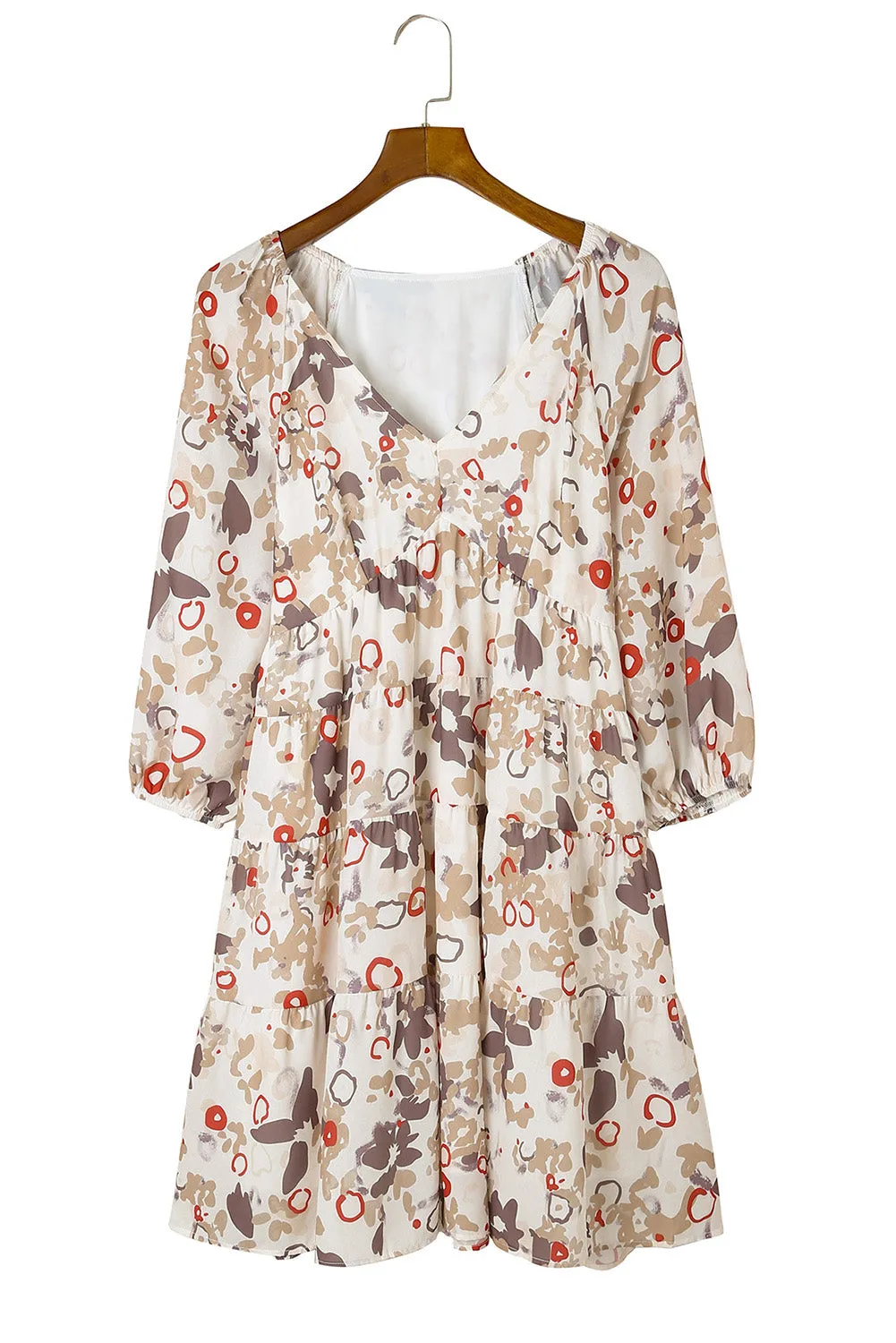 Apricot 3/4 Sleeves V Neck Print Tiered Flowy Short Dress