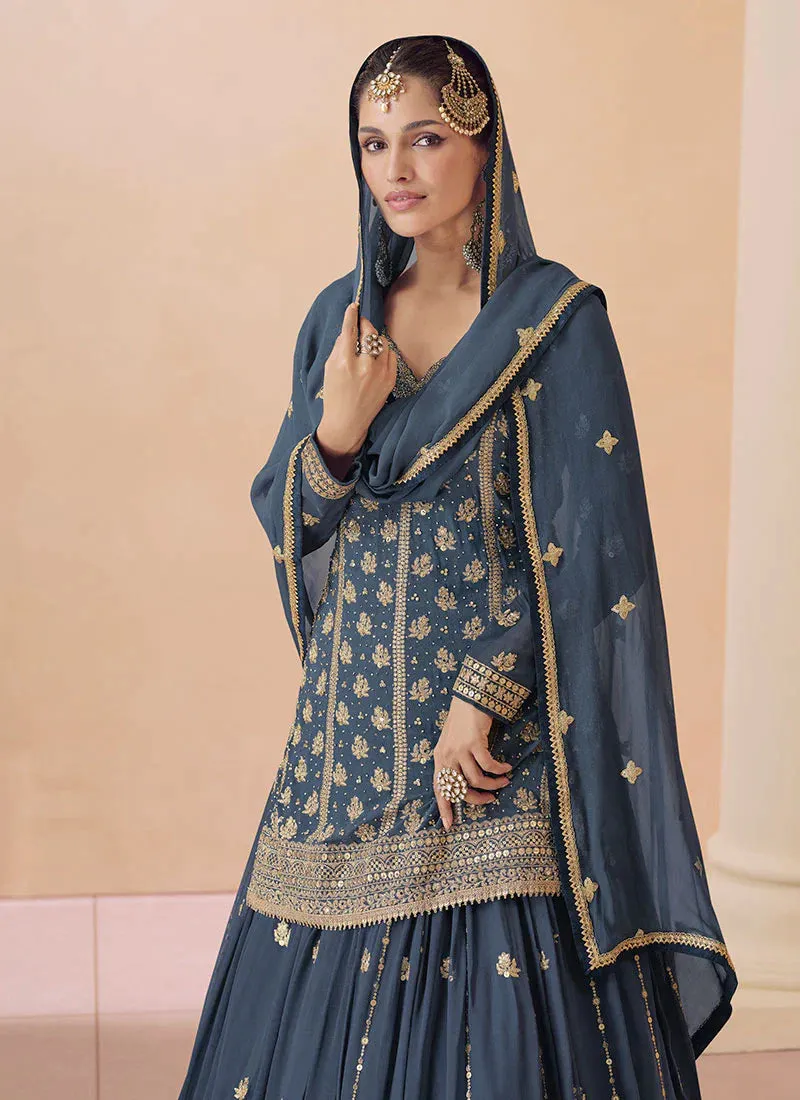 Azure Elegance Greyish Blue Embroidered Stylish Lehenga Choli