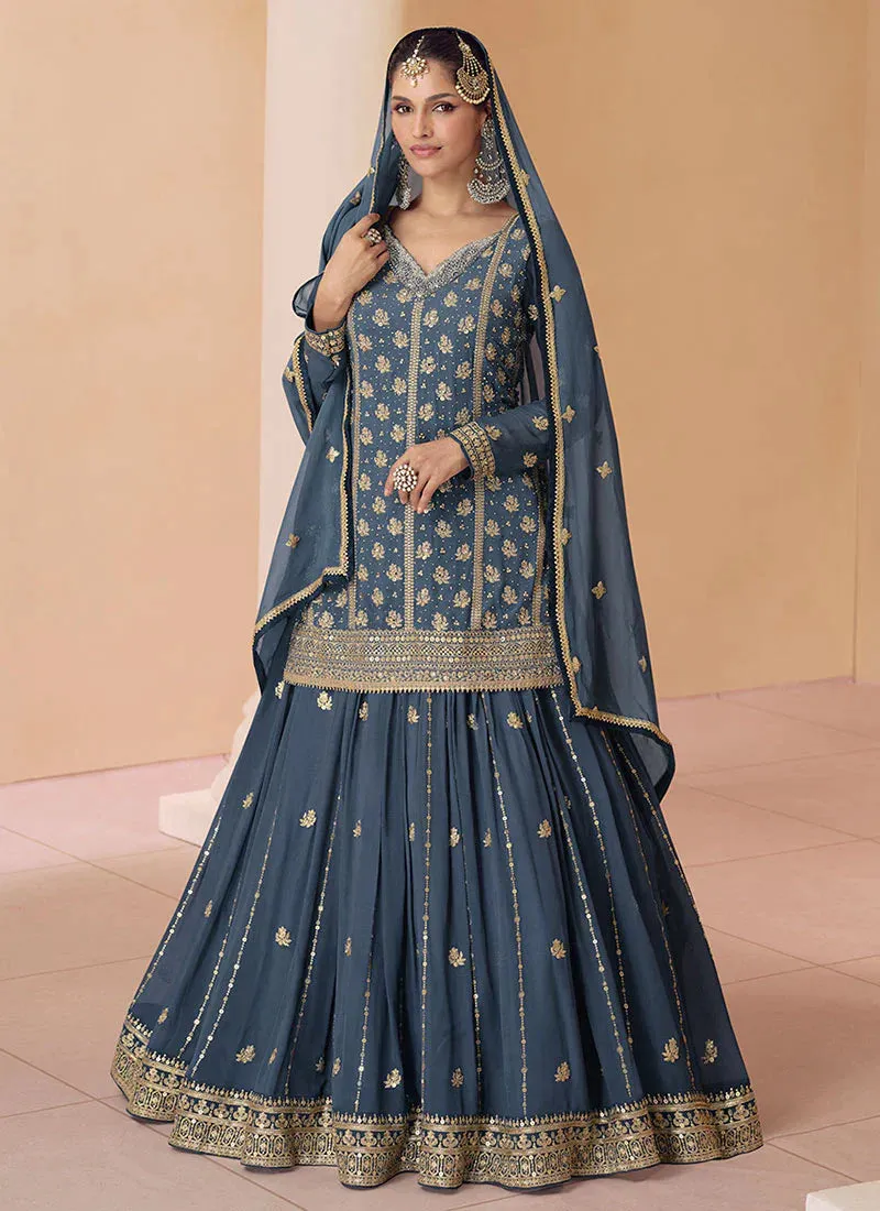 Azure Elegance Greyish Blue Embroidered Stylish Lehenga Choli