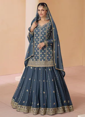 Azure Elegance Greyish Blue Embroidered Stylish Lehenga Choli