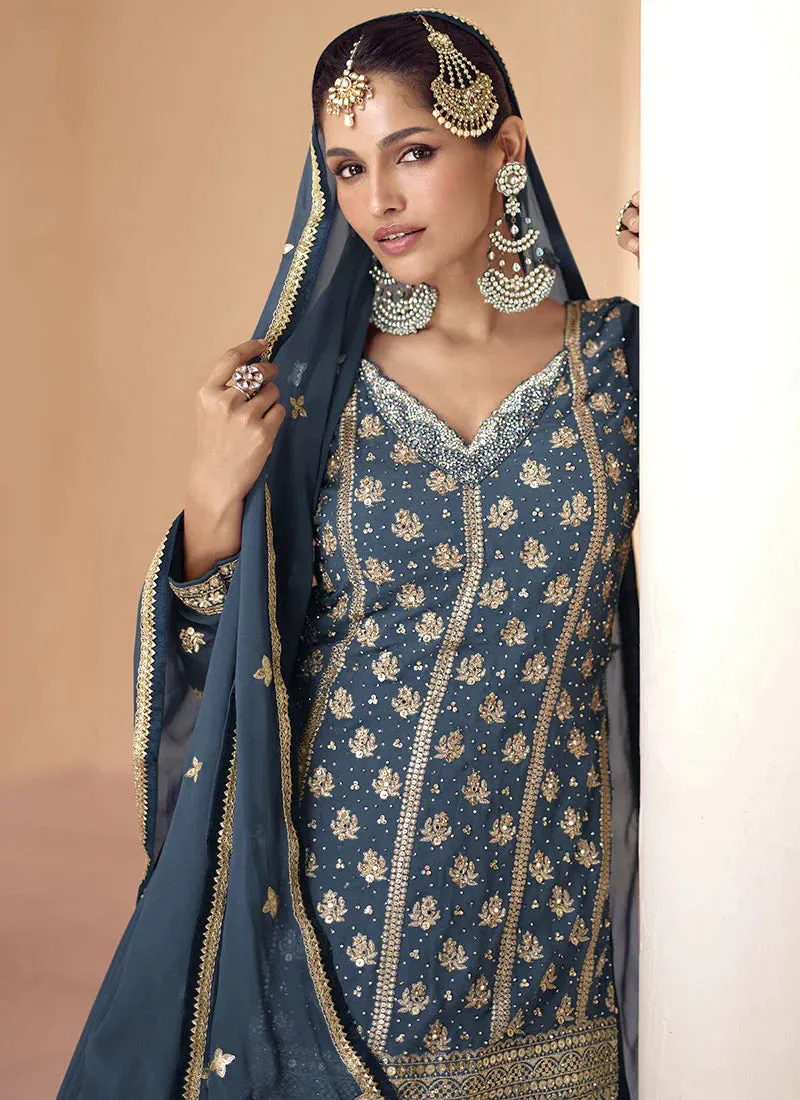 Azure Elegance Greyish Blue Embroidered Stylish Lehenga Choli
