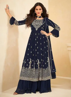 Blue and Gold Embroidered Stylish Sharara Suit