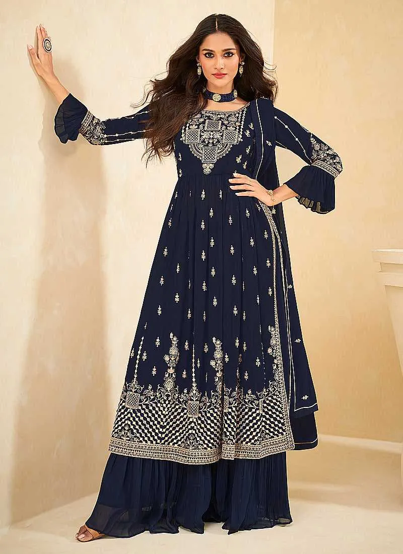 Blue and Gold Embroidered Stylish Sharara Suit