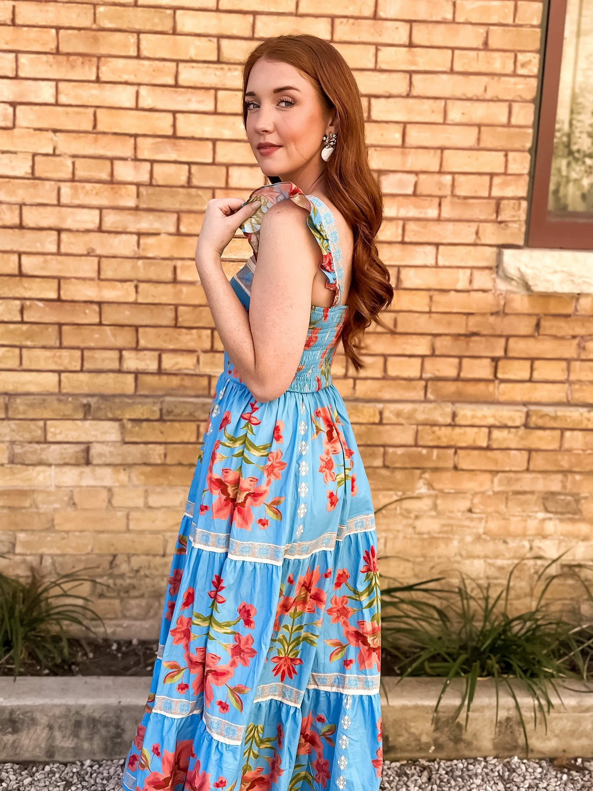 Blue Floral Printed Midi Dress