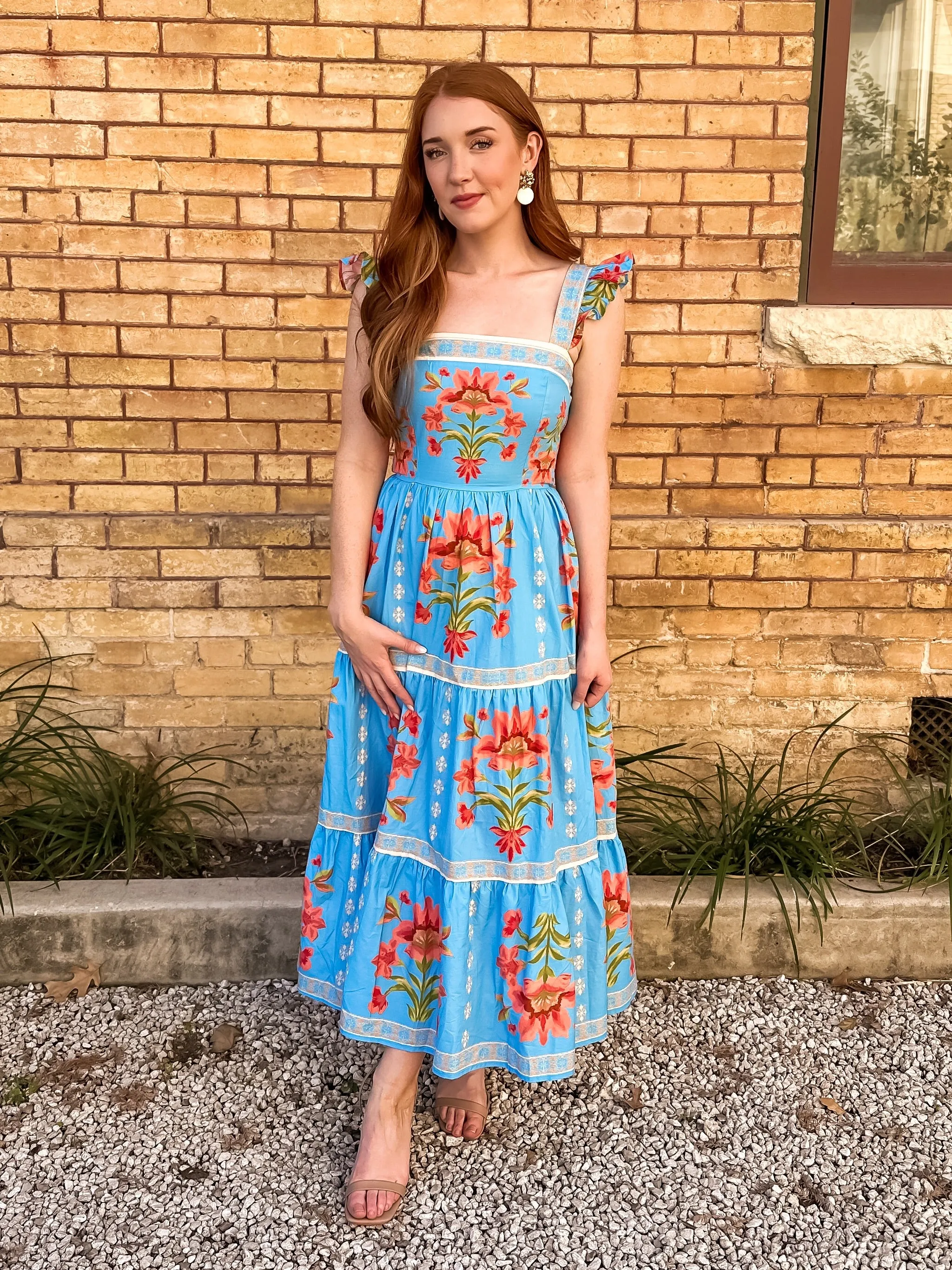 Blue Floral Printed Midi Dress