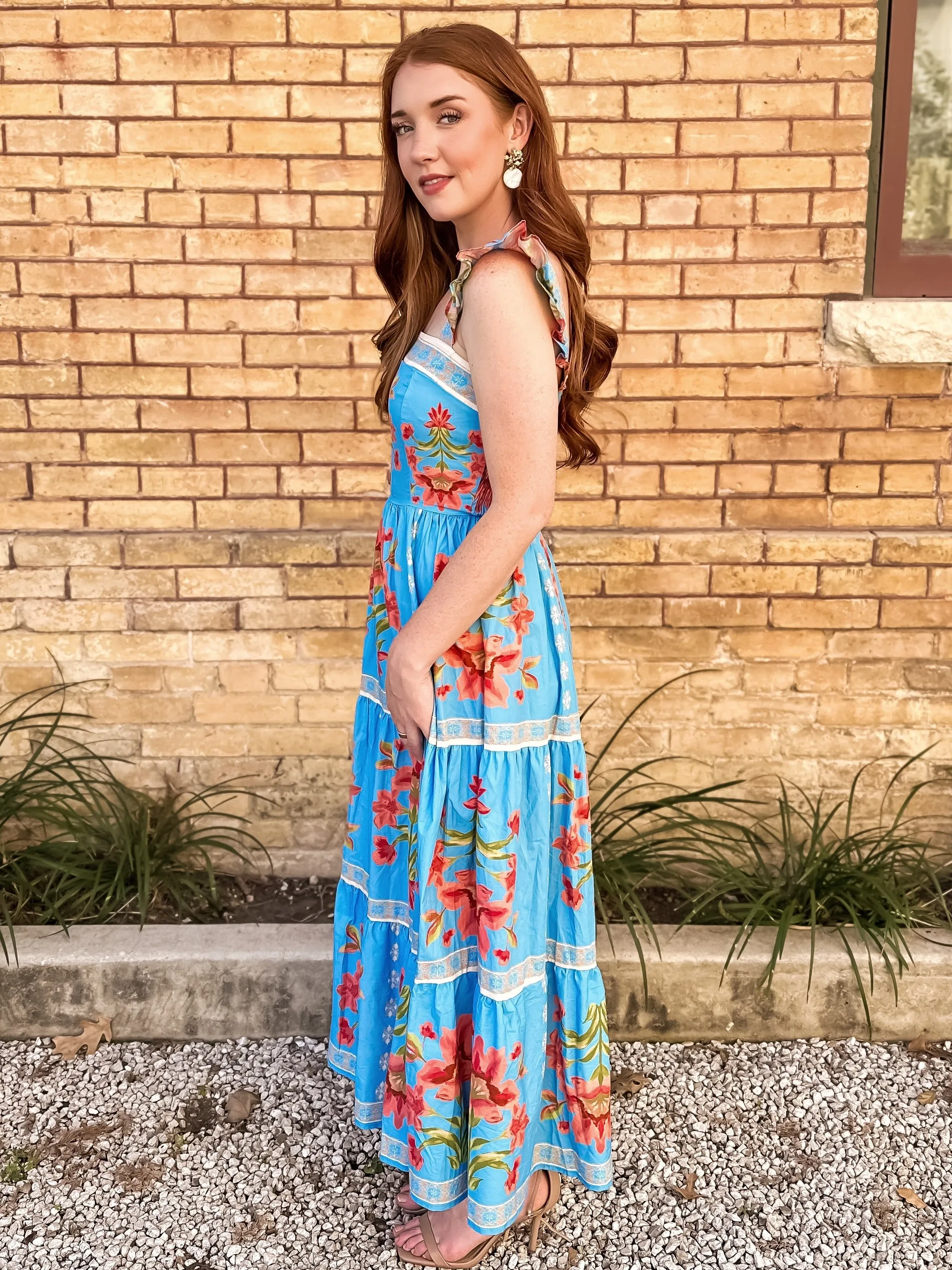 Blue Floral Printed Midi Dress