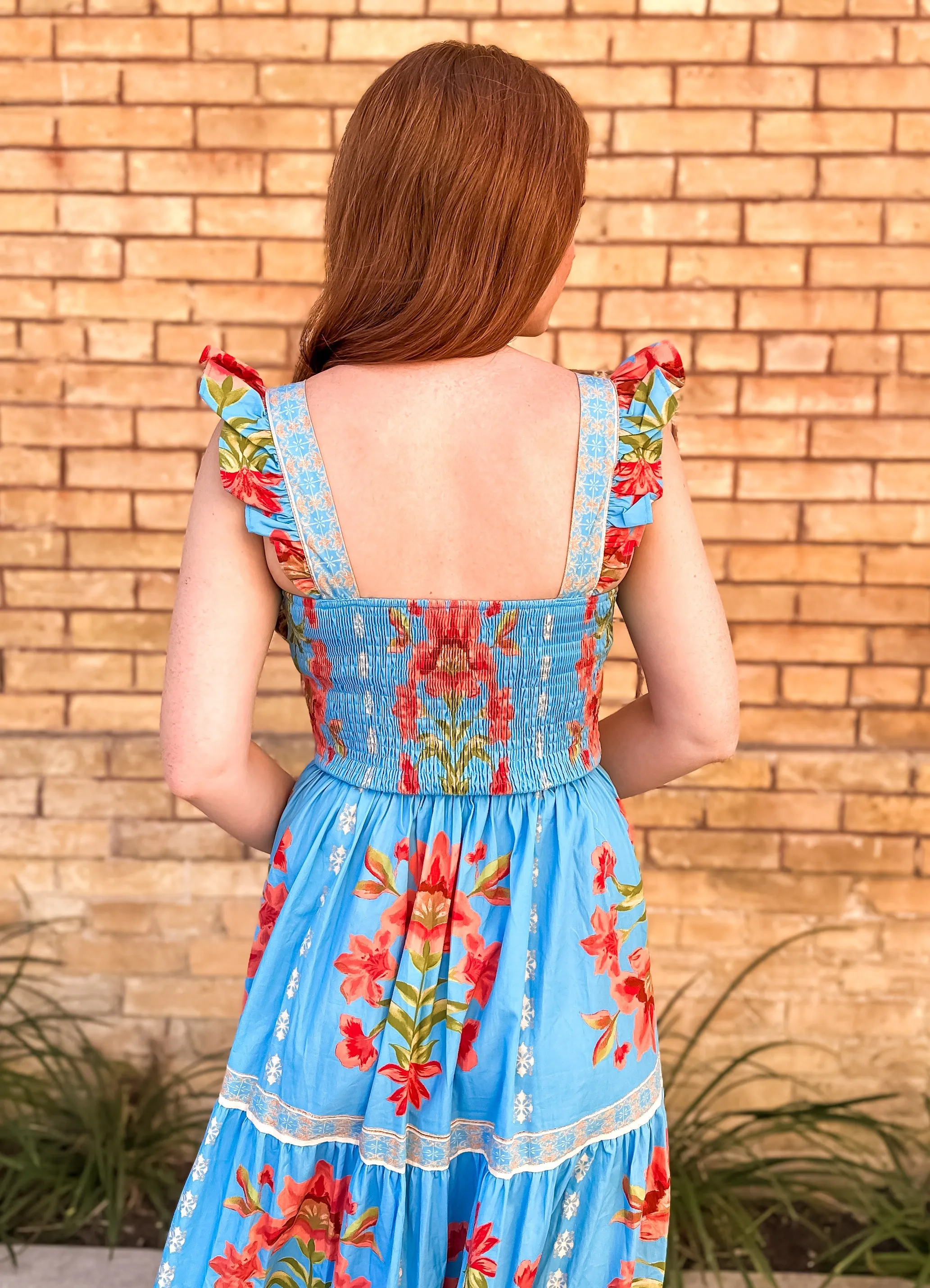 Blue Floral Printed Midi Dress