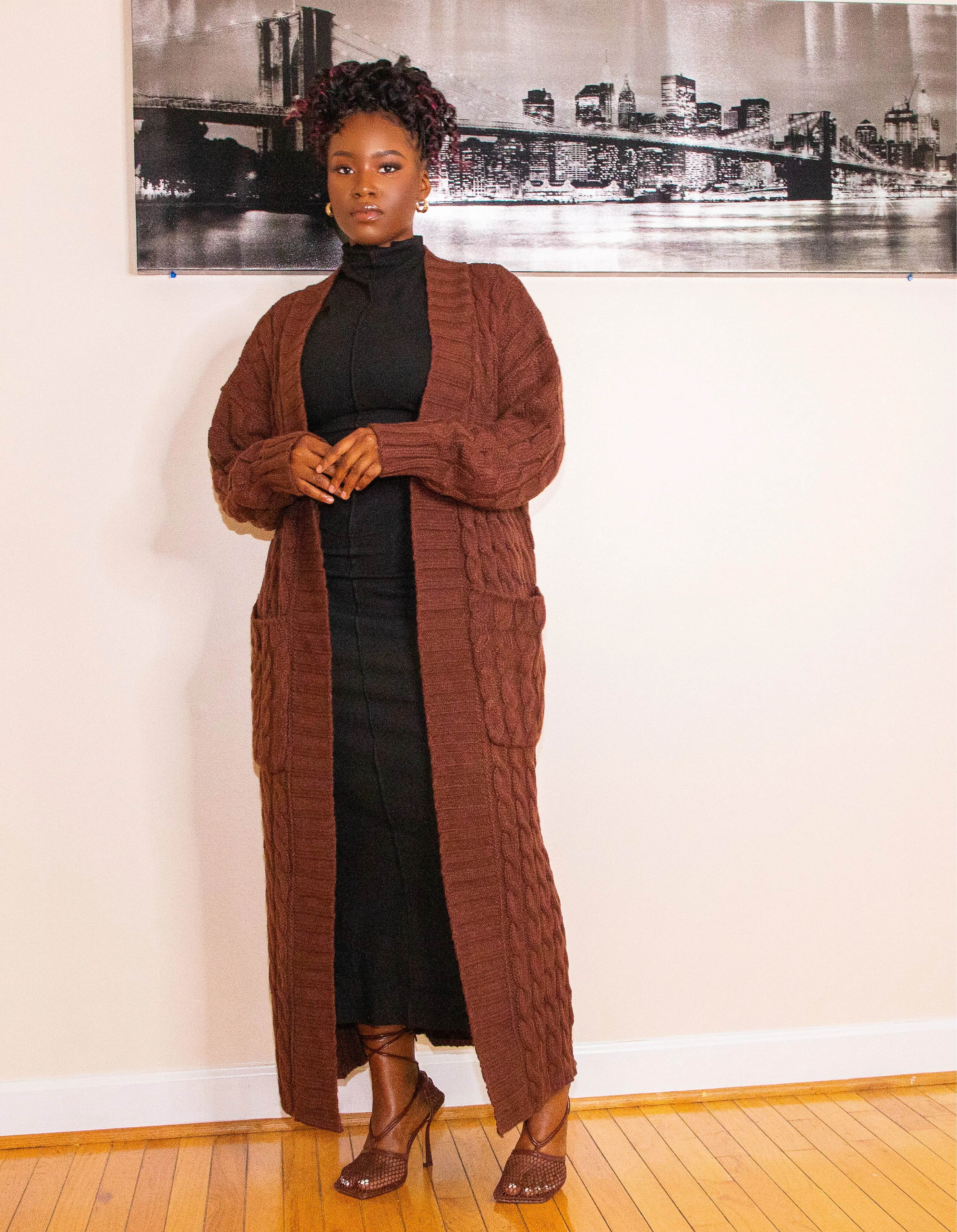 BROWN OVERSIZED MAXI CABLE KNITTED SWEATER CARDIGAN