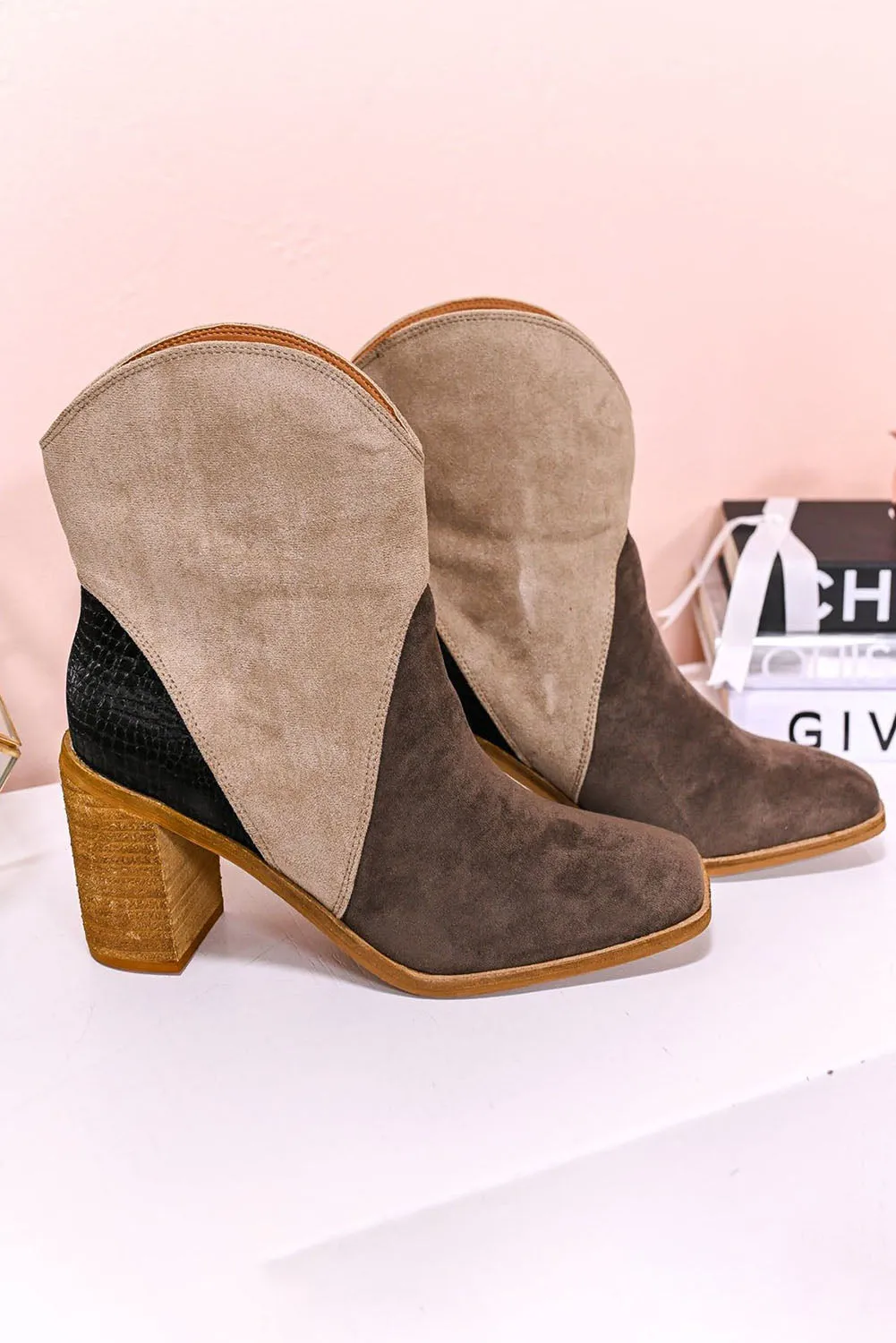 Chestnut Colorblock Suede Heeled Ankle Booties