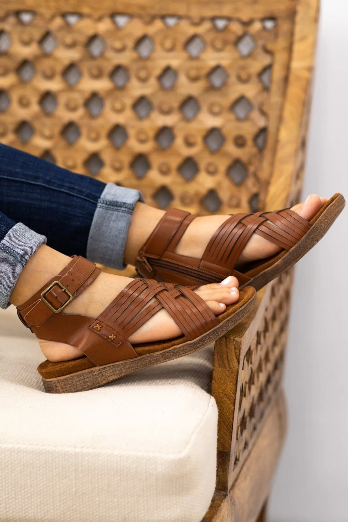 Cognac Woven Ankle Strap Sandals