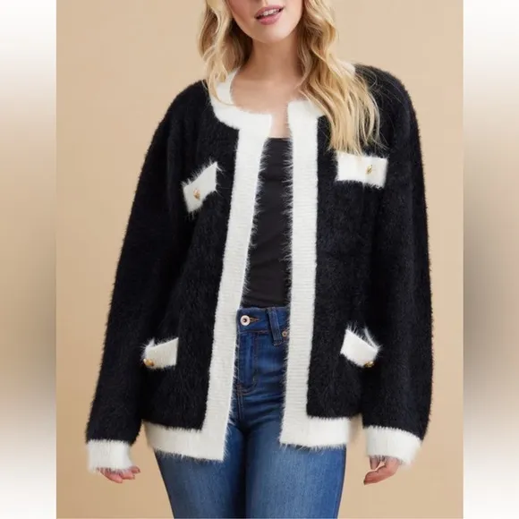 Cozy Fuzzy Black Color block Cardigan