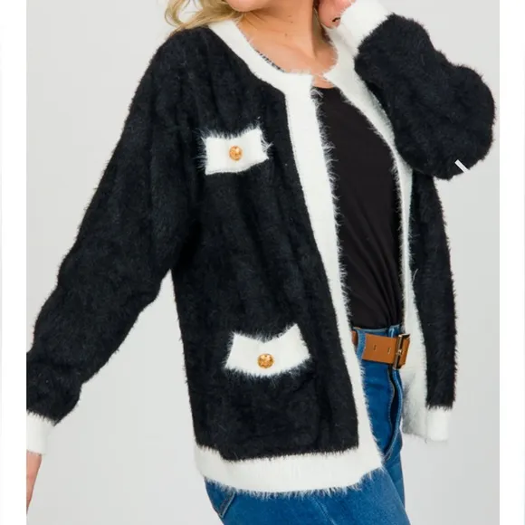 Cozy Fuzzy Black Color block Cardigan