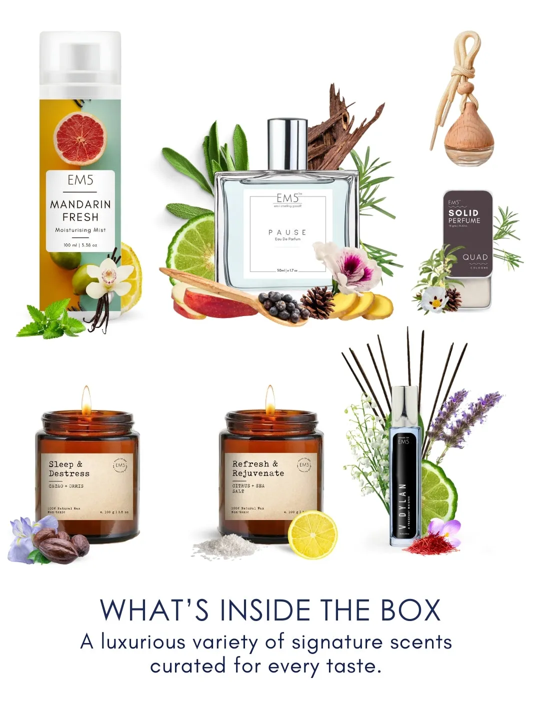 EM5™ Congratulations (The Happy Times) Gift Hamper | Premium Gift Set | 2 x Scented Candles, 1 x Car Perfume, 1 x Solid Perfume, 1 x 50 ml Perfume Spray, 1 x 15 ml Perfume Spray, 1 x Body Mist | Luxury Pack for Him, Her & Loved Ones