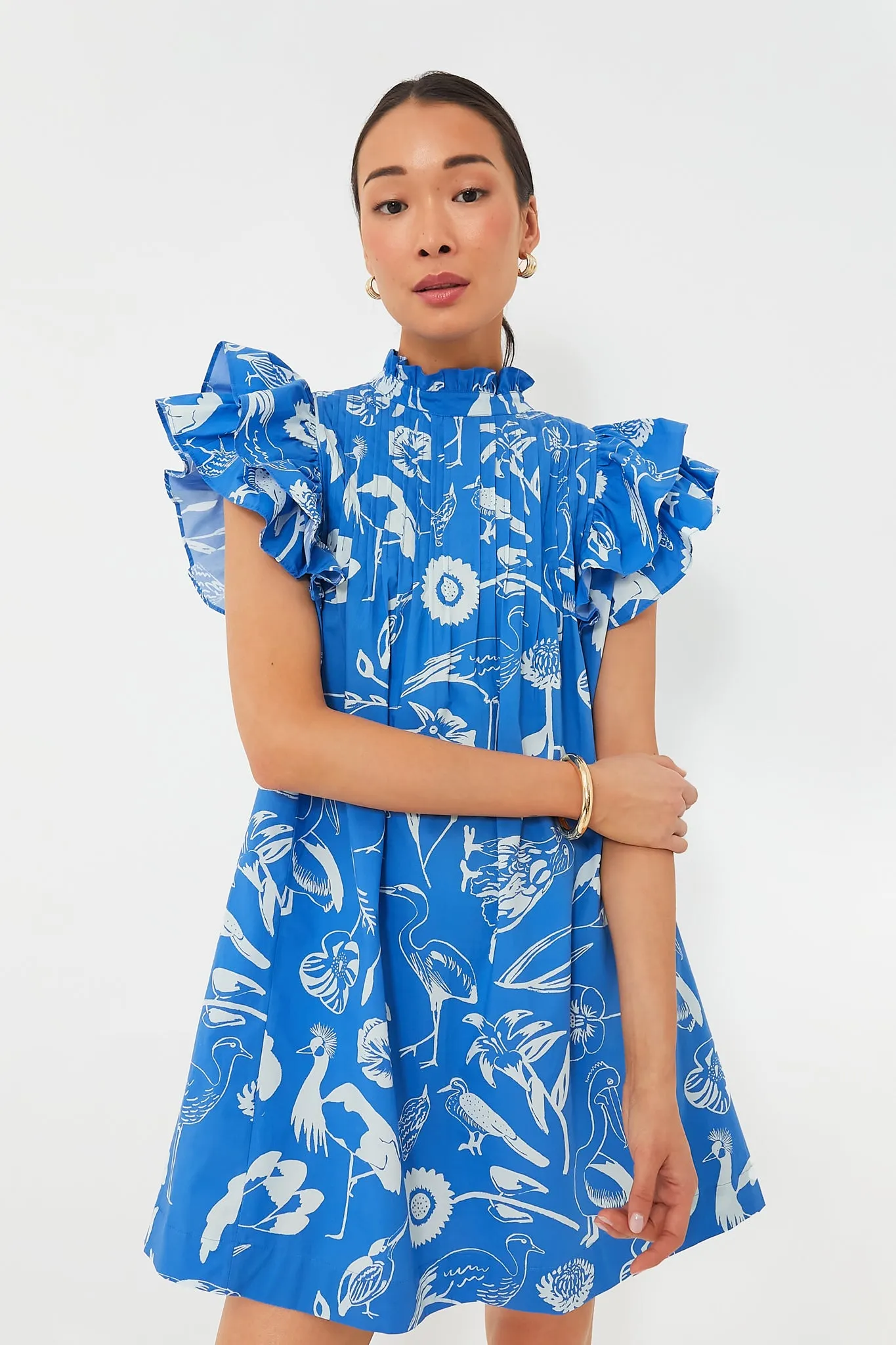 Exclusive Audubon Blue Pintuck Ruffle Mini Dress
