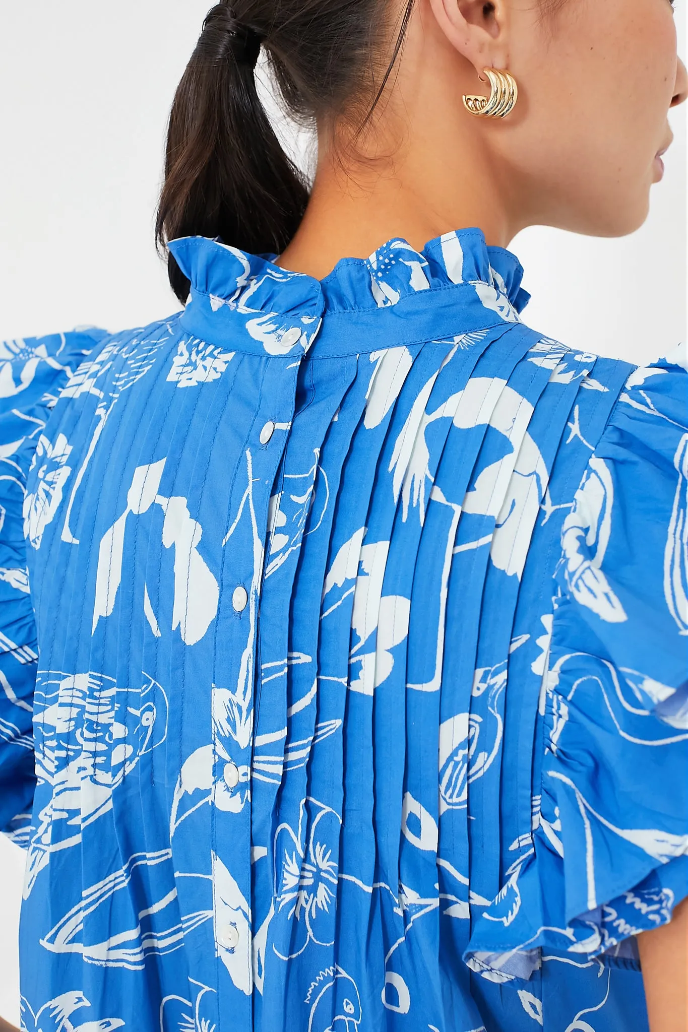 Exclusive Audubon Blue Pintuck Ruffle Mini Dress