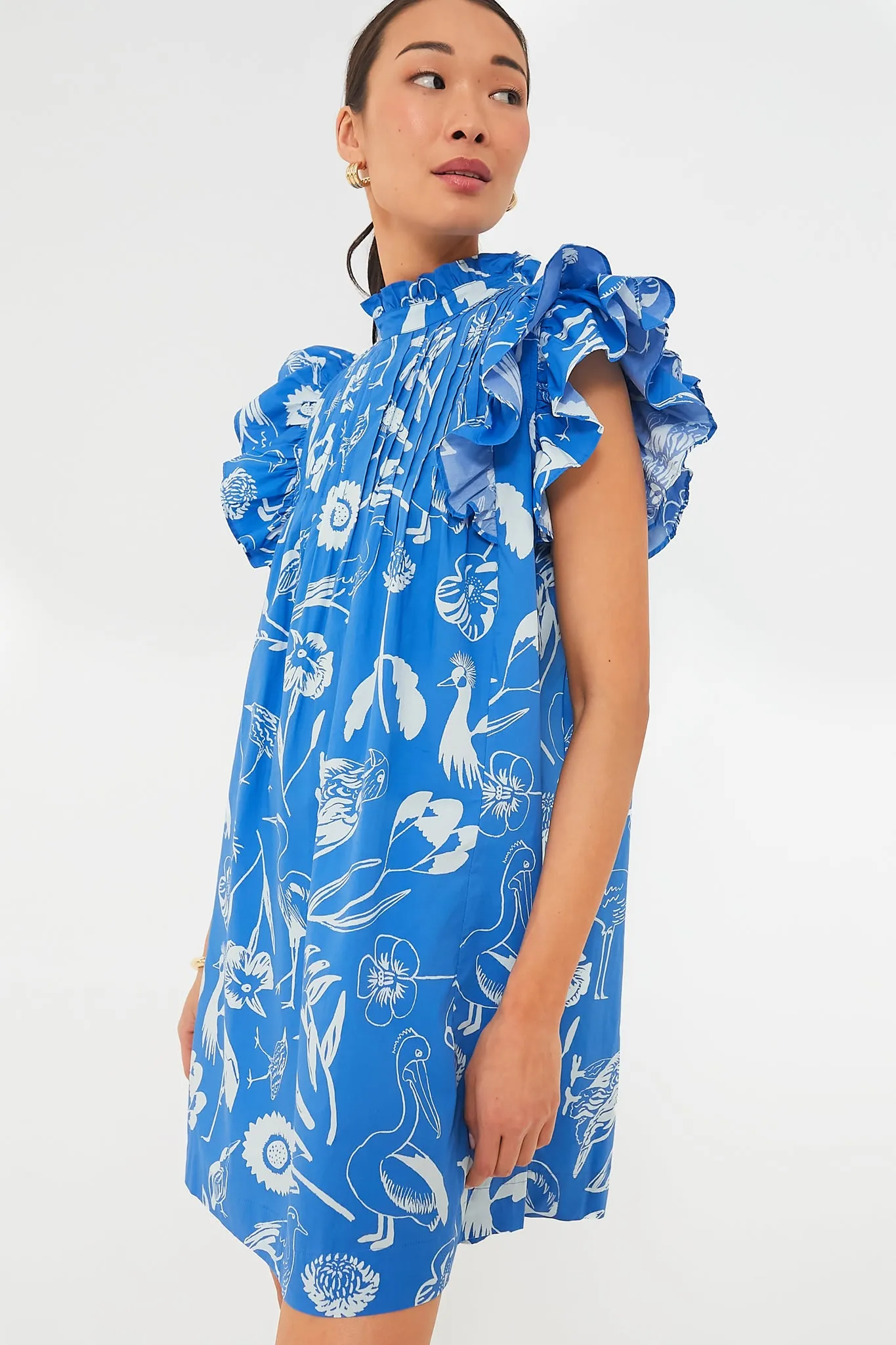 Exclusive Audubon Blue Pintuck Ruffle Mini Dress