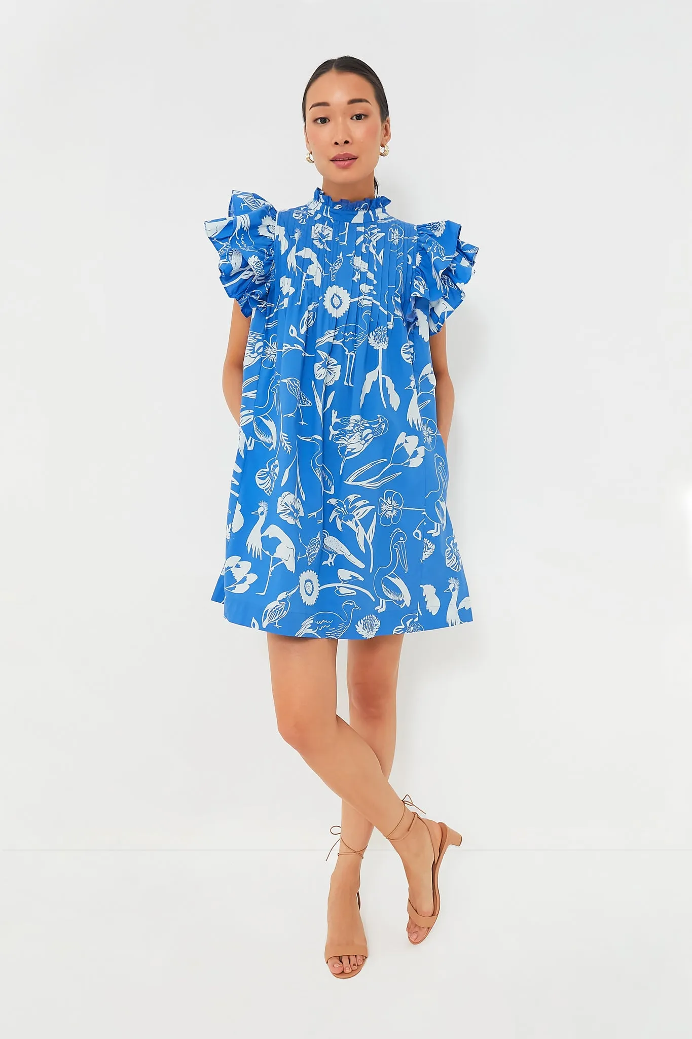 Exclusive Audubon Blue Pintuck Ruffle Mini Dress